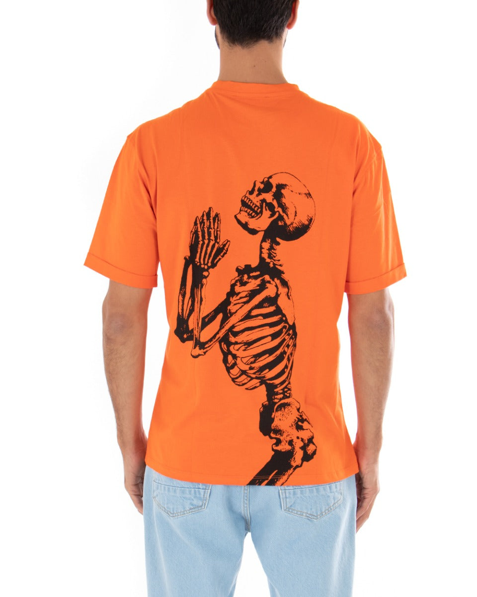 T-shirt Uomo Maniche Corte Stampa Tinta Unita Arancione Cotone Casual GIOSAL