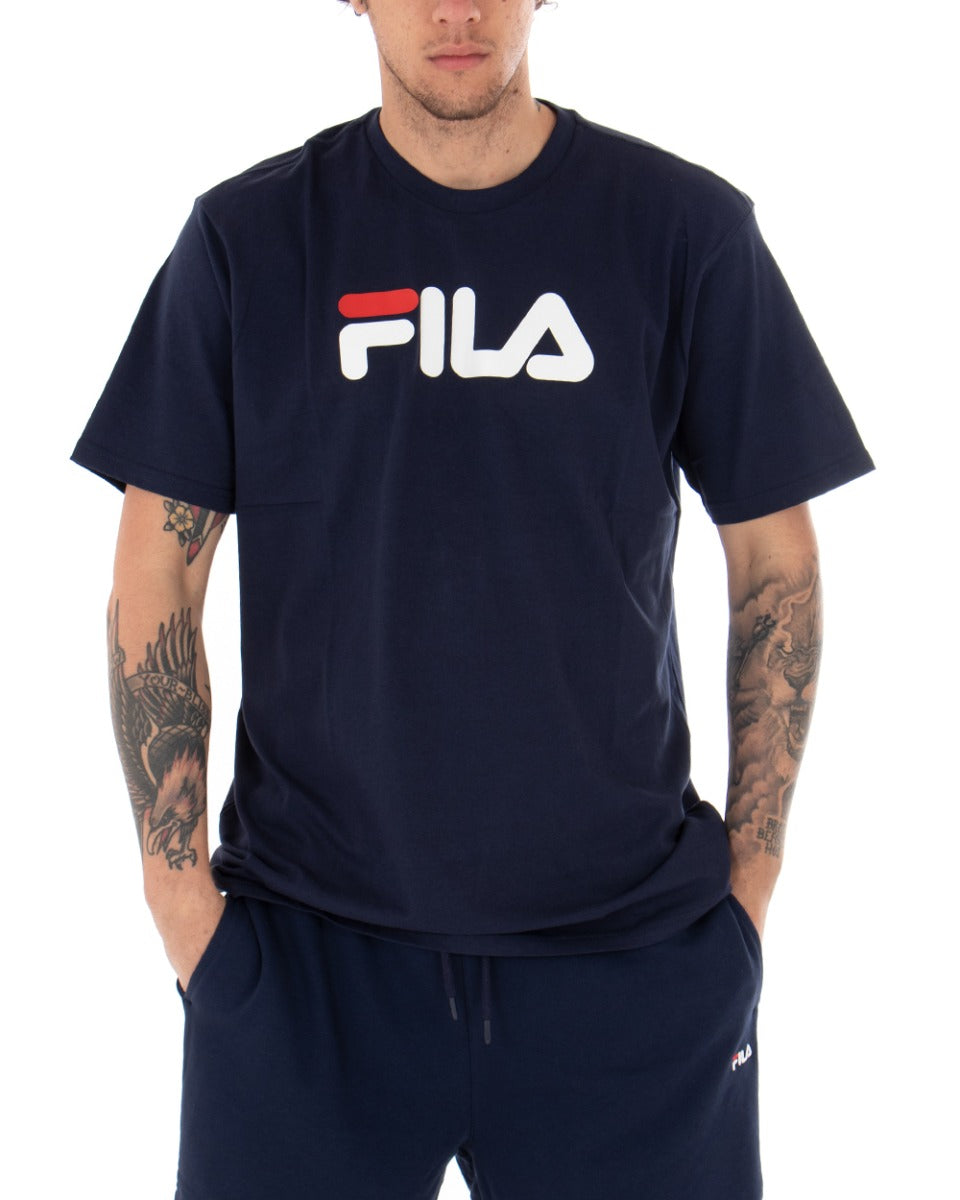 T-shirt Uomo Fila Classic Pure Tinta Unita Blu Logo Maniche Corte GIOS
