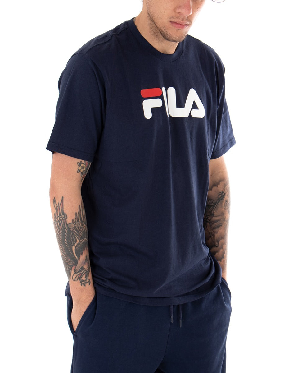 T-shirt Uomo Fila Classic Pure Tinta Unita Blu Logo Maniche Corte GIOSAL