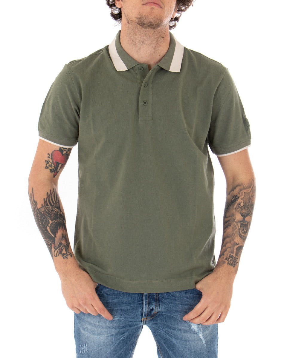 T-shirt Uomo Polo Invicta Piquet Logo Colletto Casual Bottoni Verde Militare GIOSAL