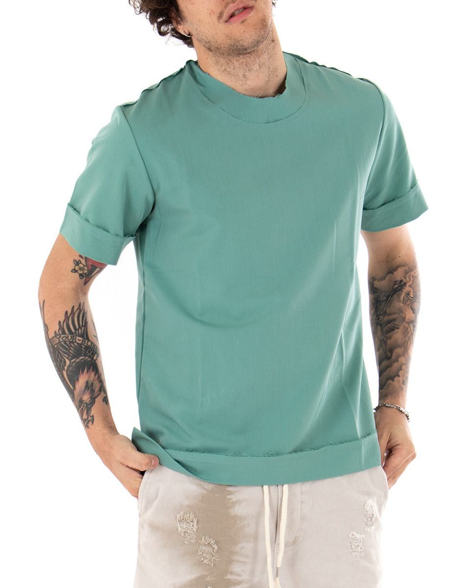 T-Shirt Uomo Maglietta Verde Acqua Tinta Unita Risvolti Maniche Corte Casual GIOSAL