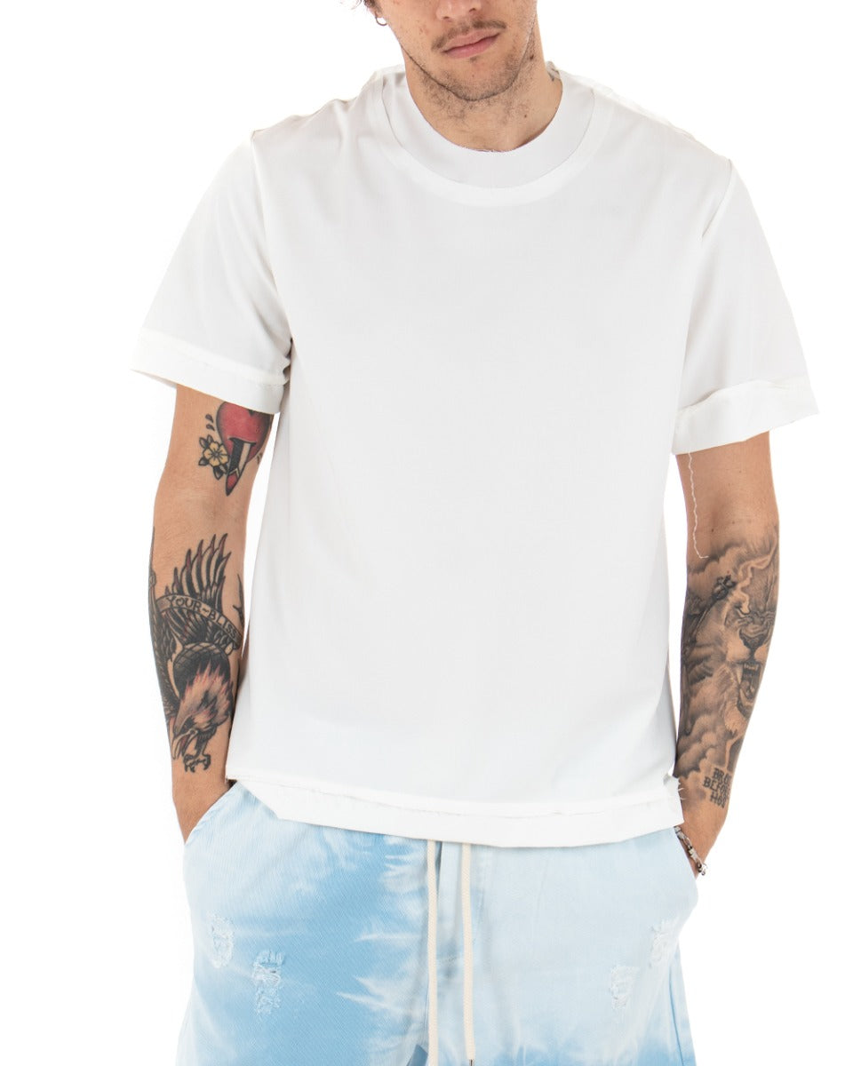 T-Shirt Uomo Maglietta Bianca Tinta Unita Risvolti Maniche Corte Casual Basic GIOSAL