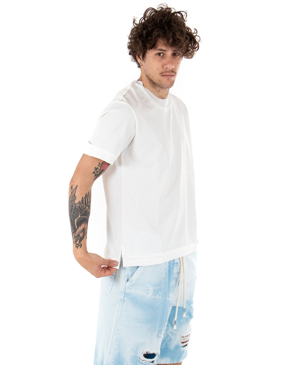T-Shirt Uomo Maglietta Bianca Tinta Unita Risvolti Maniche Corte Casual Basic GIOSAL