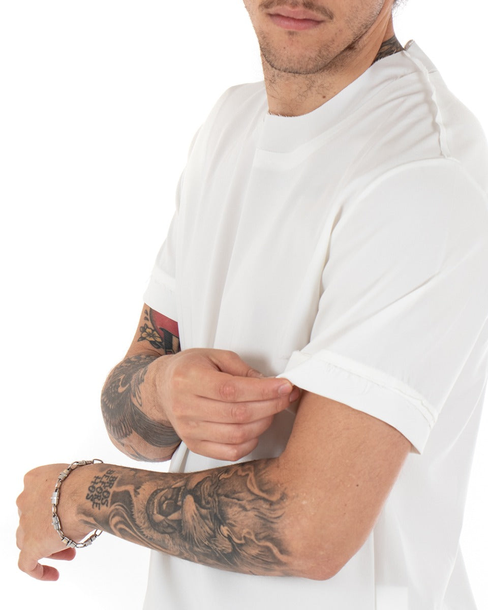 T-Shirt Uomo Maglietta Bianca Tinta Unita Risvolti Maniche Corte Casual Basic GIOSAL
