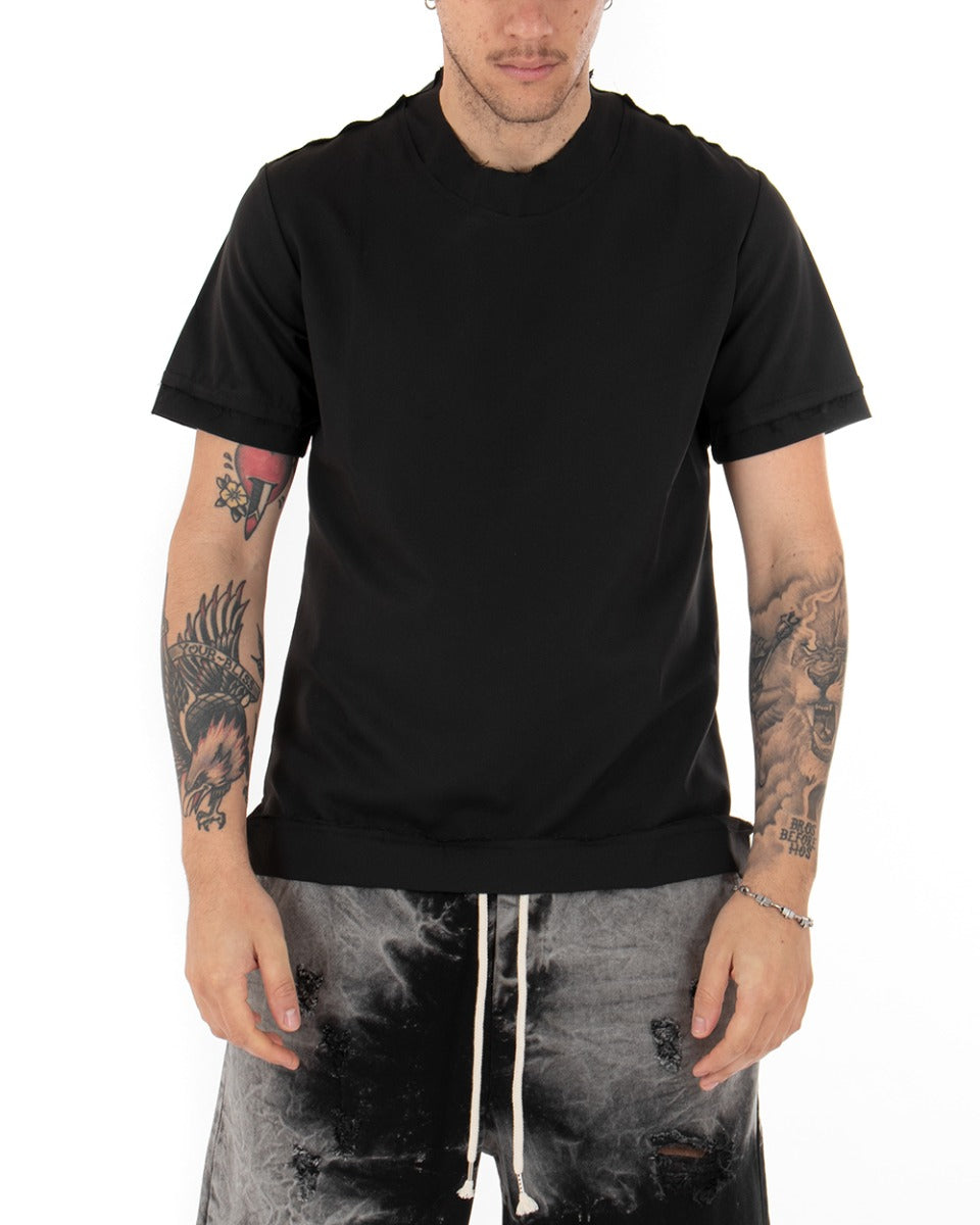 T-Shirt Uomo Maglietta Nero Tinta Unita Risvolti Maniche Corte Casual Basic GIOSAL