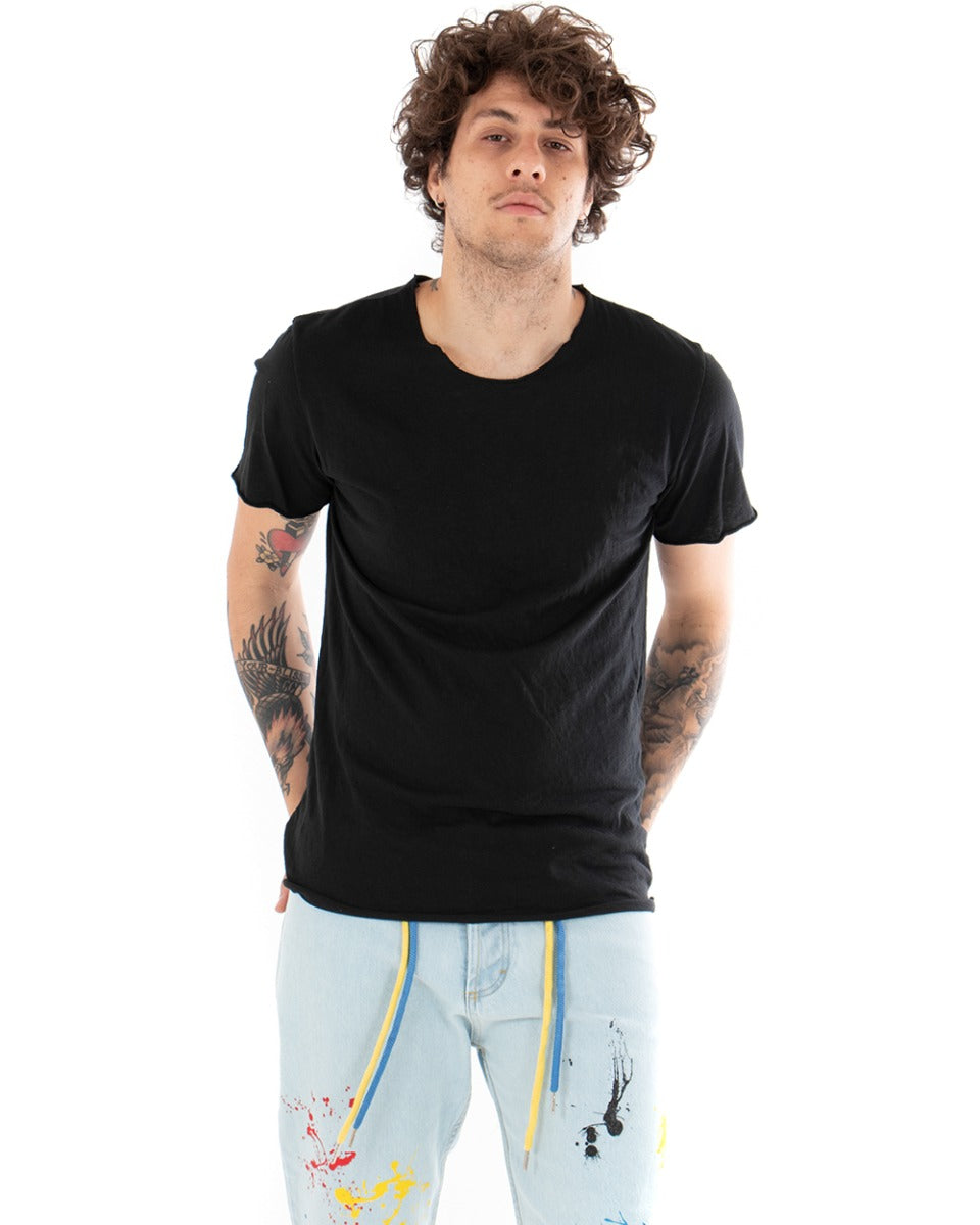 T-shirt Uomo Maniche Corte Tinta Unita Nera Girocollo Basic GIOSAL