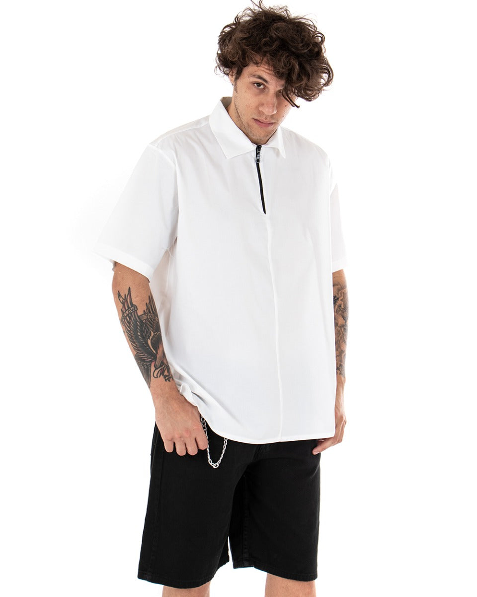 T-shirt Uomo Maniche Corte Cerniera Collo Tinta Unita Bianca GIOSAL-TS2553A