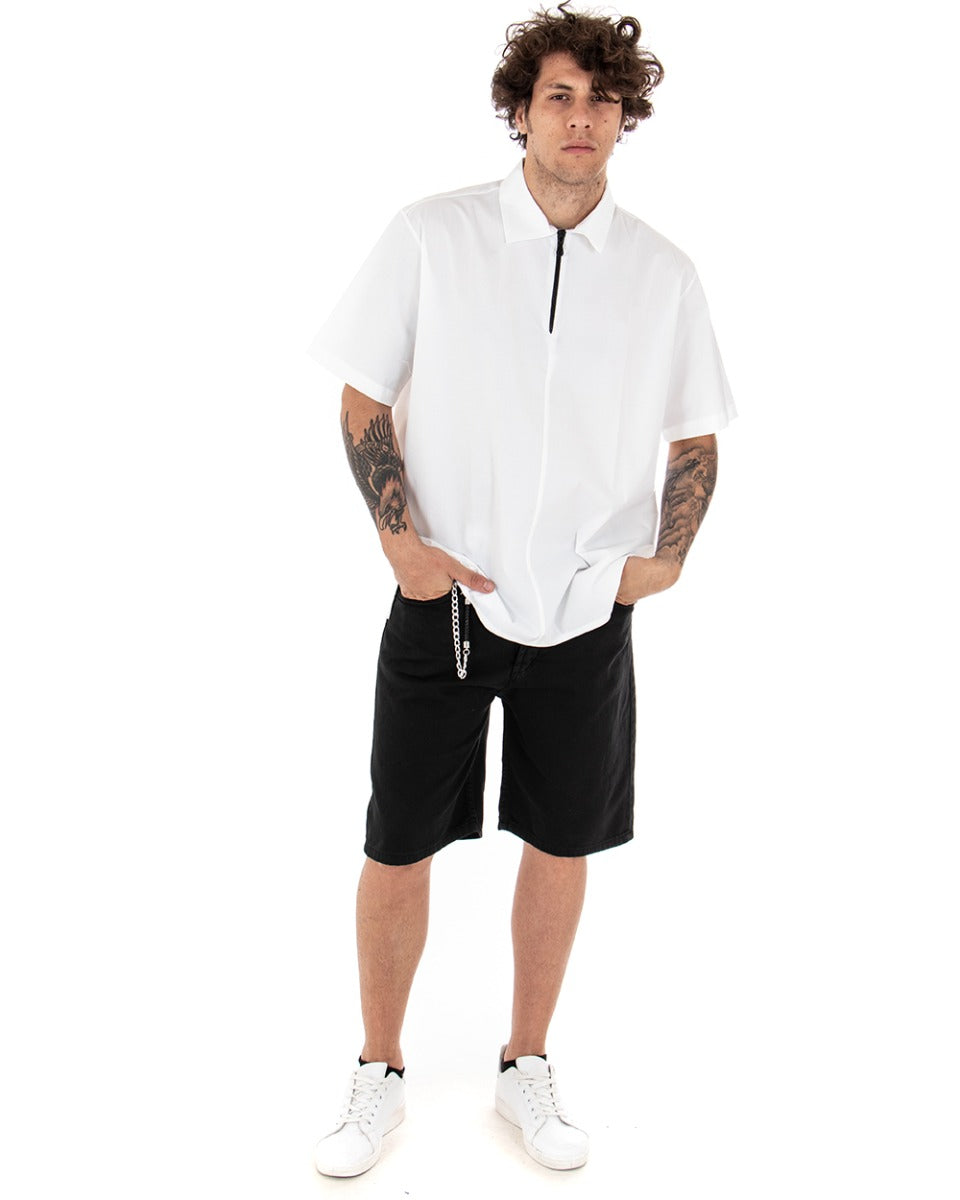 T-shirt Uomo Maniche Corte Cerniera Collo Tinta Unita Bianca GIOSAL-TS2553A