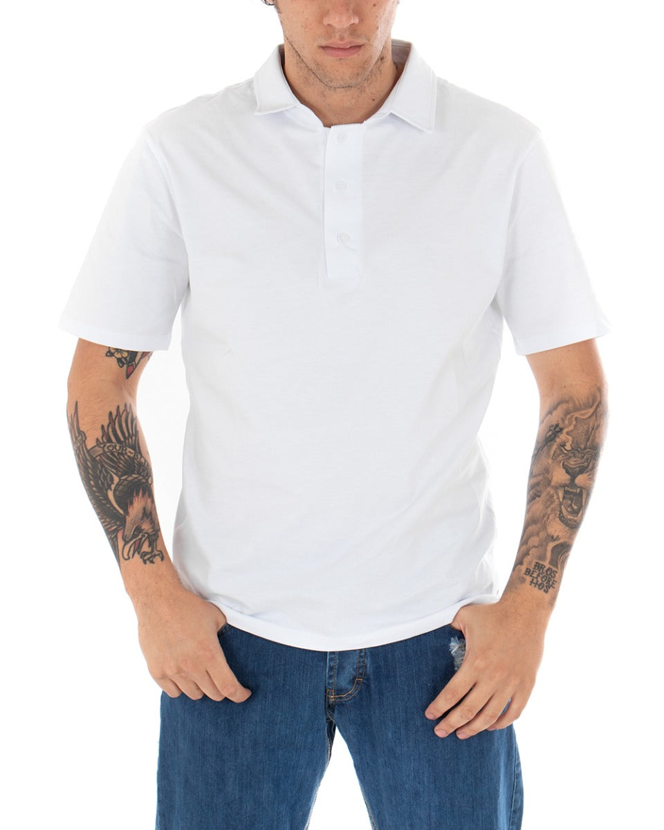 T-shirt Polo Uomo Tinta Unita Bianca Colletto Bottoni Basic Maniche Corte Cotone GIOSAL-TS2555A