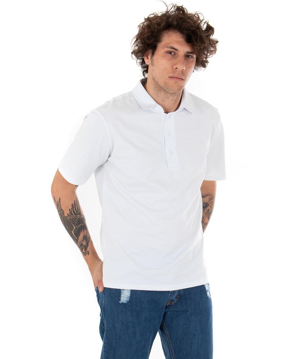 T-shirt Polo Uomo Tinta Unita Bianca Colletto Bottoni Basic Maniche Corte Cotone GIOSAL-TS2555A