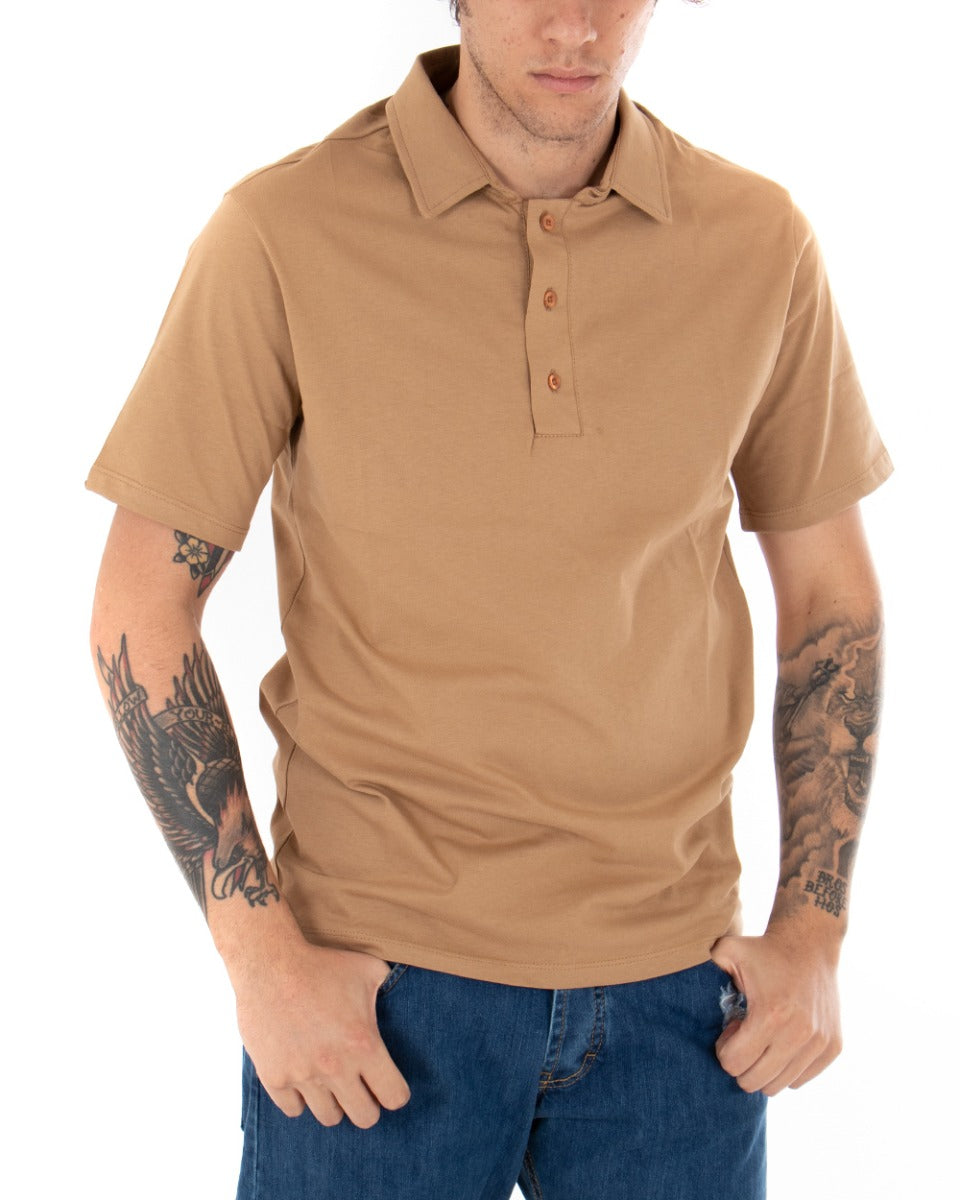 T-shirt Polo Uomo Tinta Unita Camel Colletto Bottoni Basic Maniche Corte Cotone GIOSAL