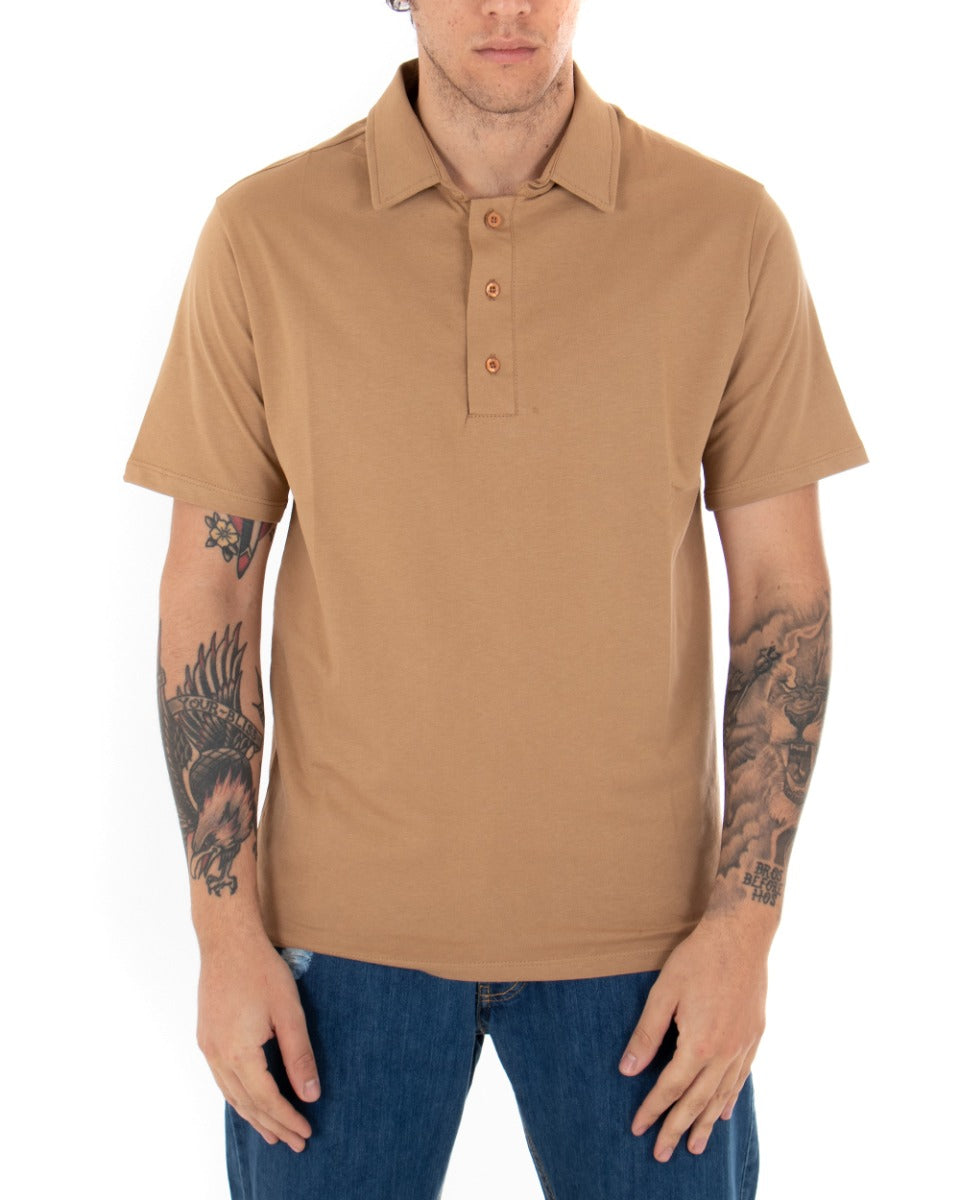 T-shirt Polo Uomo Tinta Unita Camel Colletto Bottoni Basic Maniche Corte Cotone GIOSAL