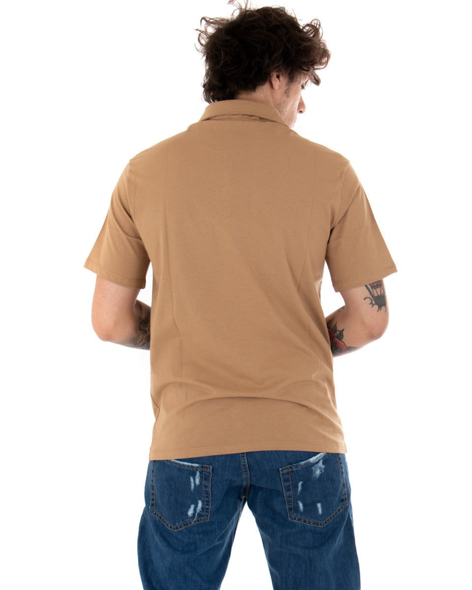 T-shirt Polo Uomo Tinta Unita Camel Colletto Bottoni Basic Maniche Corte Cotone GIOSAL-TS2556A