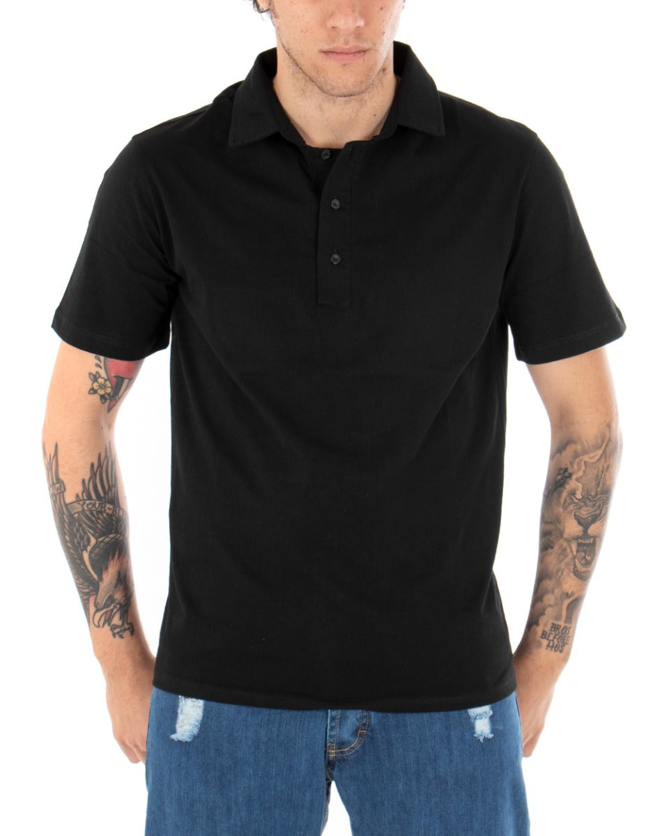 T-shirt Polo Uomo Tinta Unita Nera Colletto Bottoni Basic Maniche Corte Cotone GIOSAL