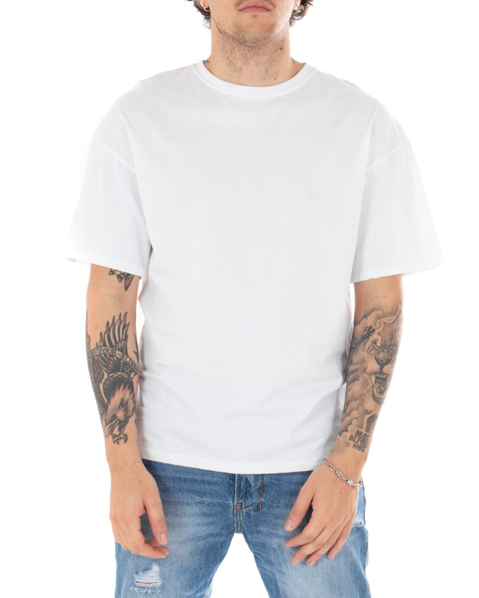 T-shirt Uomo Maniche Corete Stampa Retro Bianca Girocollo Casual GIOSAL-TS2558A
