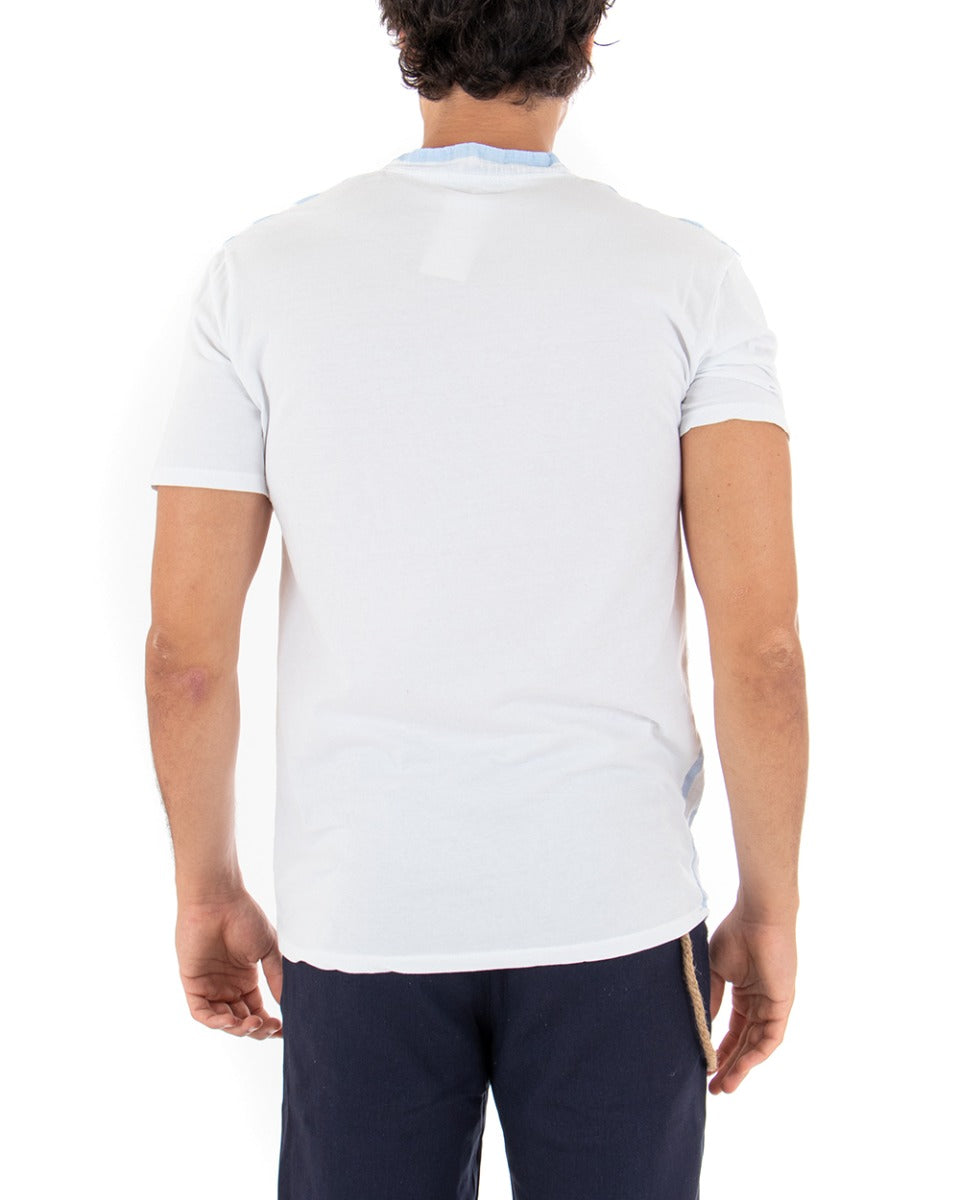 T-shirt Uomo Rigata Maniche Corte Collo Coreano Celeste Casual GIOSAL