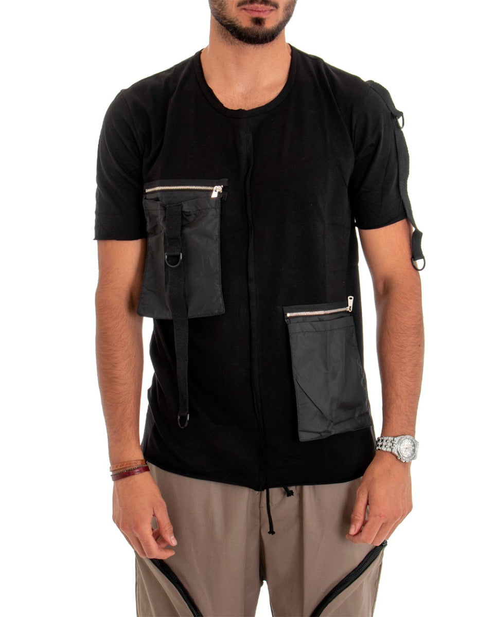 T-shirt Maglia Maniche Corte Tasche Tinta Unita Nera GIOSAL