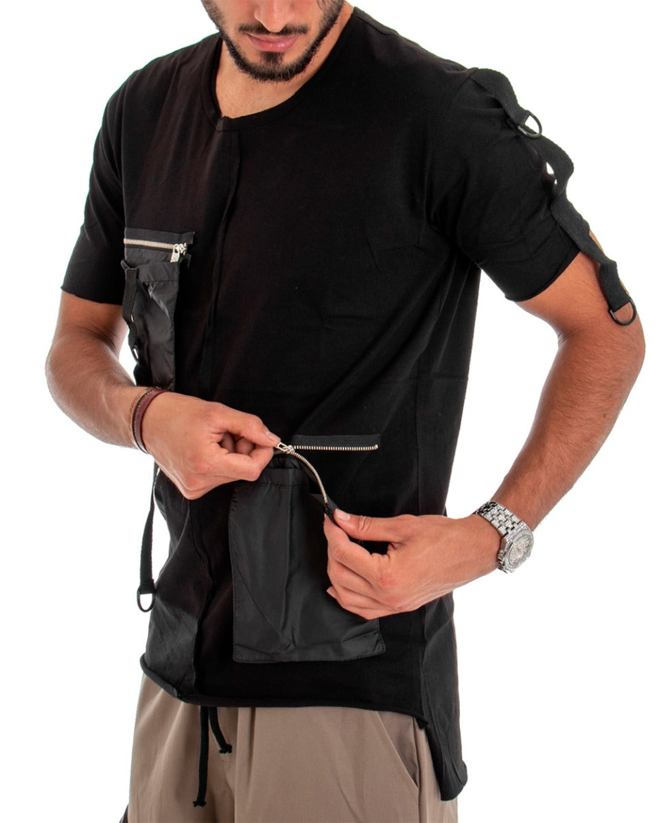 T-shirt Maglia Maniche Corte Tasche Tinta Unita Nera GIOSAL