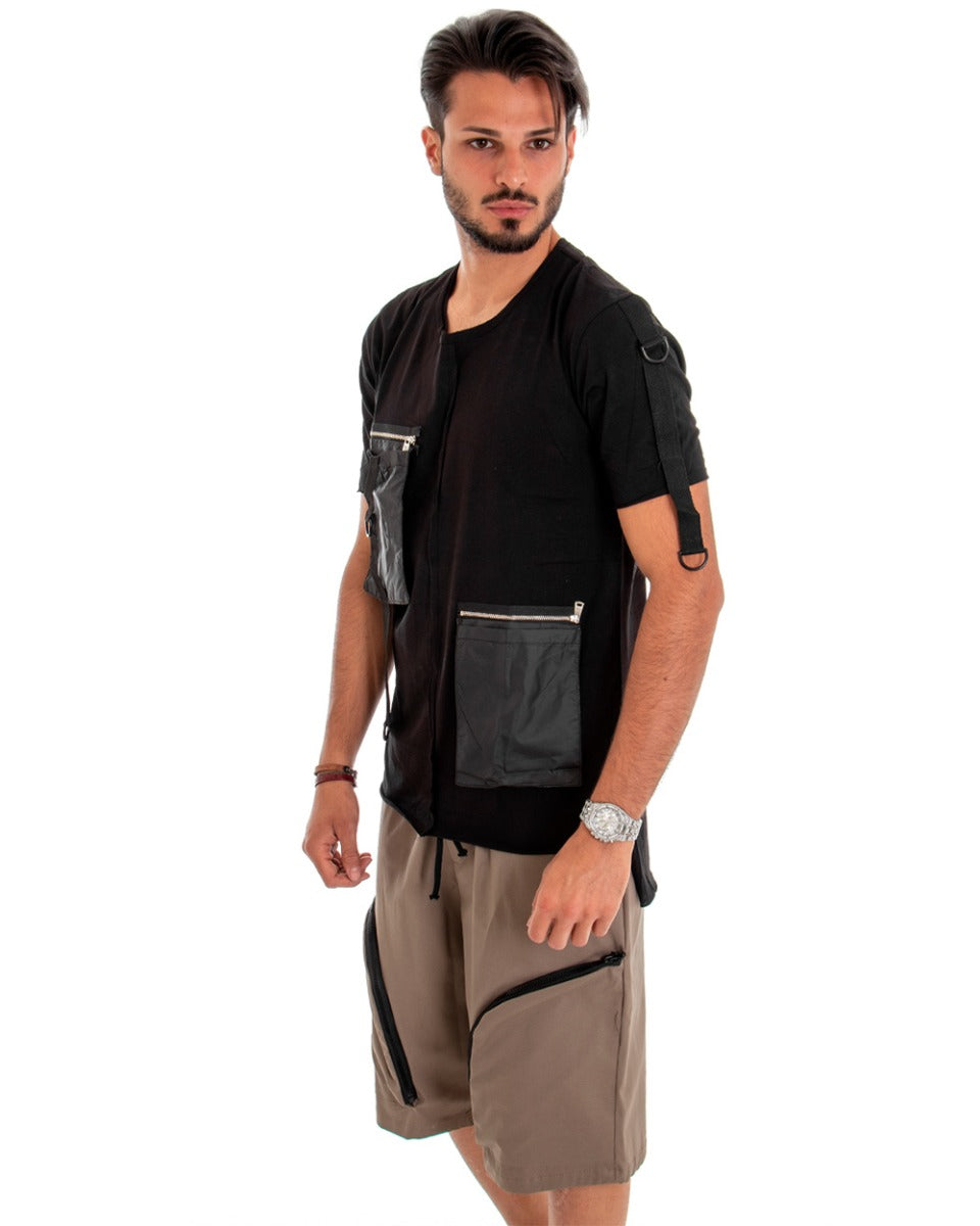 T-shirt Maglia Maniche Corte Tasche Tinta Unita Nera GIOSAL
