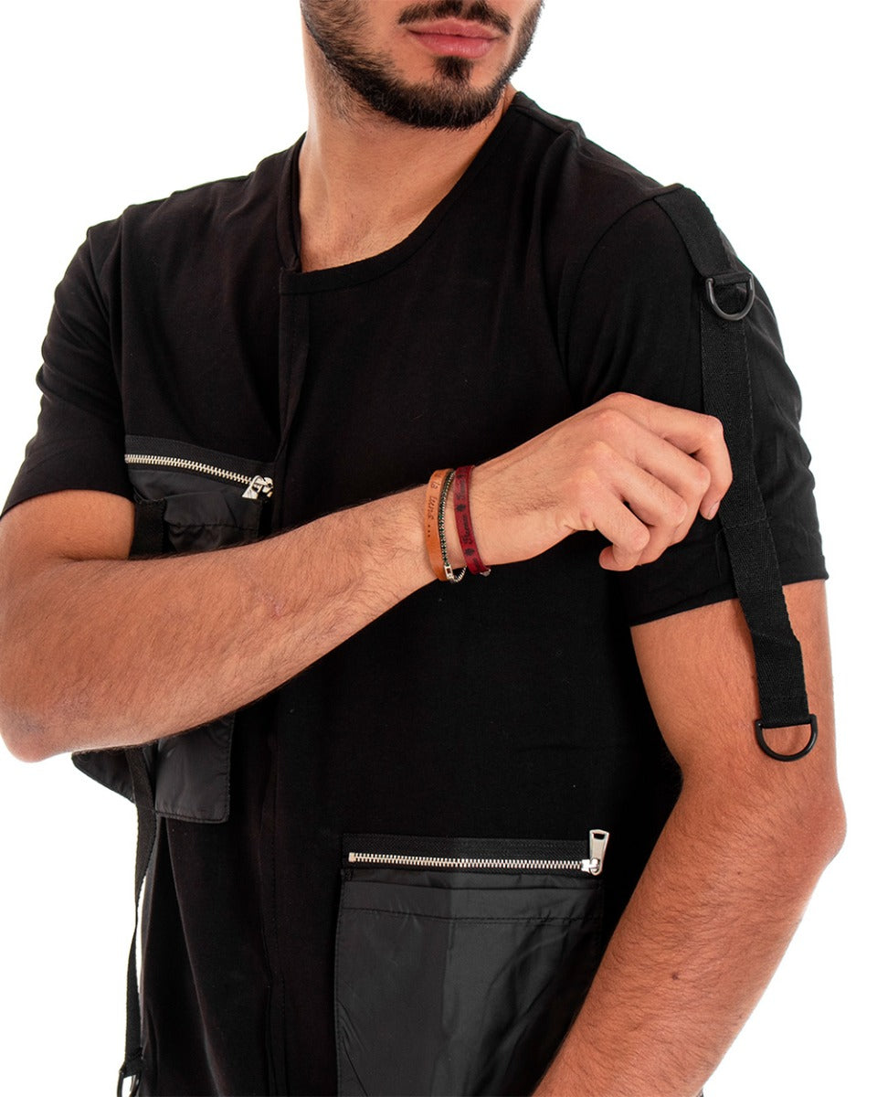 T-shirt Maglia Maniche Corte Tasche Tinta Unita Nera GIOSAL