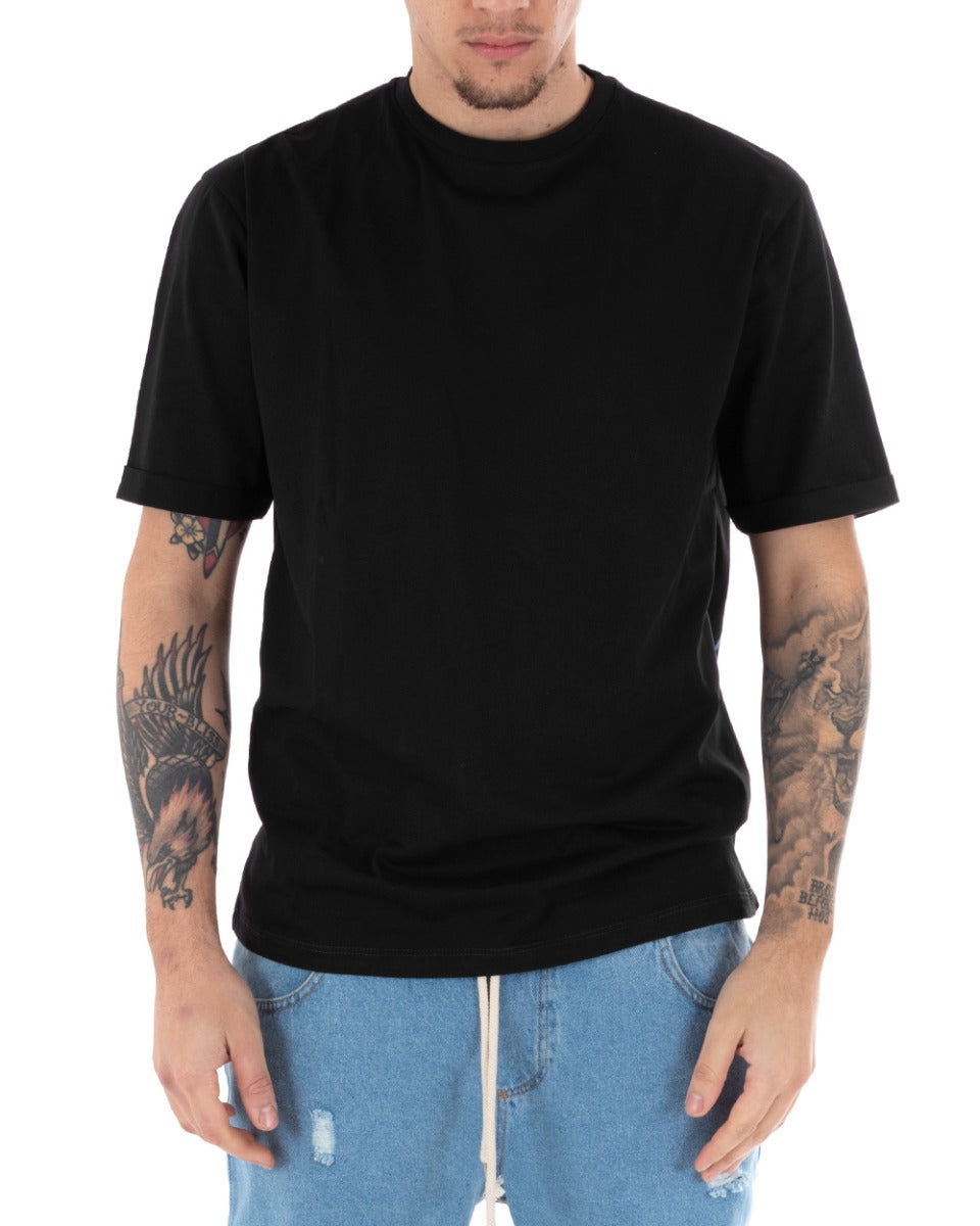T-shirt Uomo Maglia Manica Corta Stampa Tinta Unita Nera Girocollo Casual GIOSAL