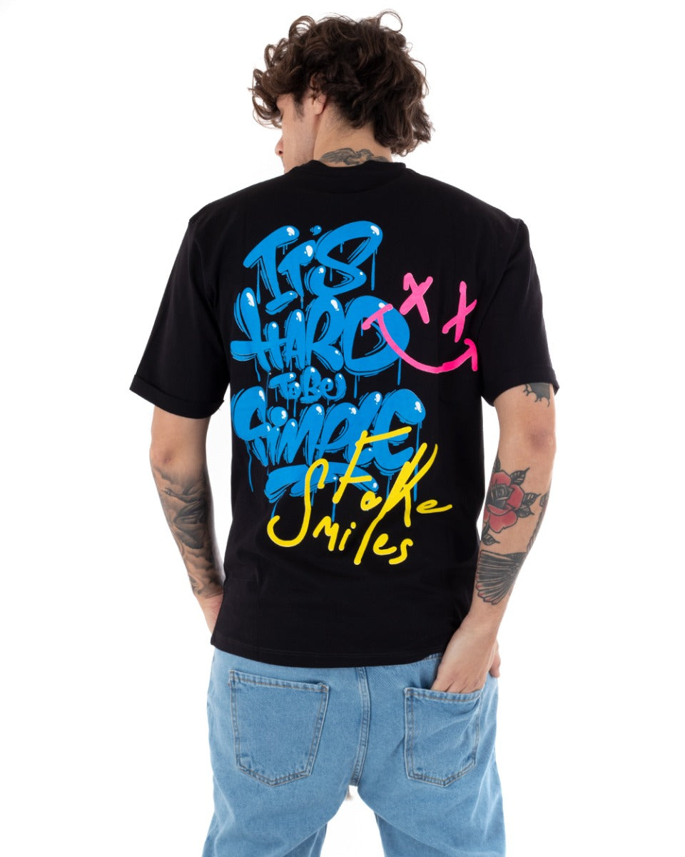 T-shirt Uomo Maglia Manica Corta Stampa Tinta Unita Nera Girocollo Casual GIOSAL