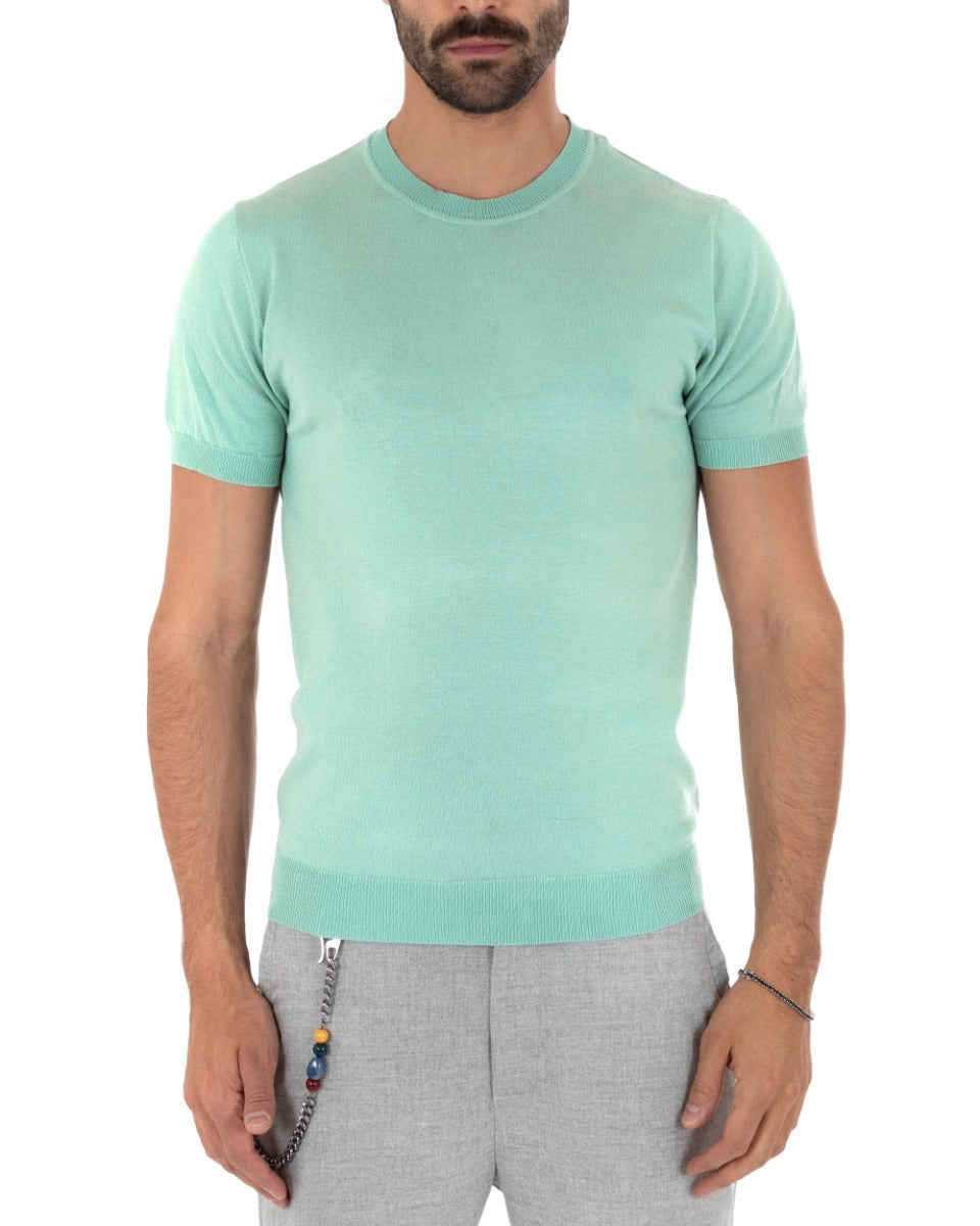 T-Shirt Uomo Girocollo Filo Casual Basic Sottogiacca Tinta Unita Verde Acqua GIOSAL-TS2618A