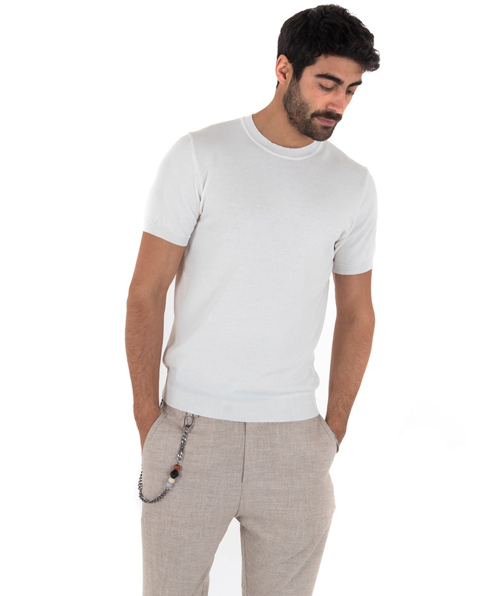 T-Shirt Uomo Girocollo Filo Casual Basic Sottogiacca Tinta Unita Bianco GIOSAL-TS2620A