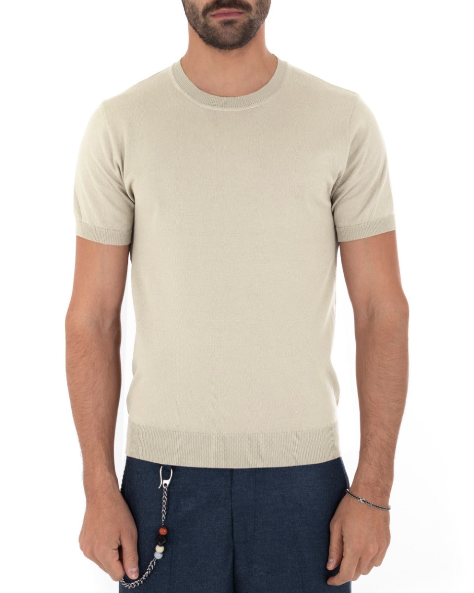 T-Shirt Uomo Manica Corta Tinta Unita Beige Girocollo Filo Casual GIOSAL-TS2621A