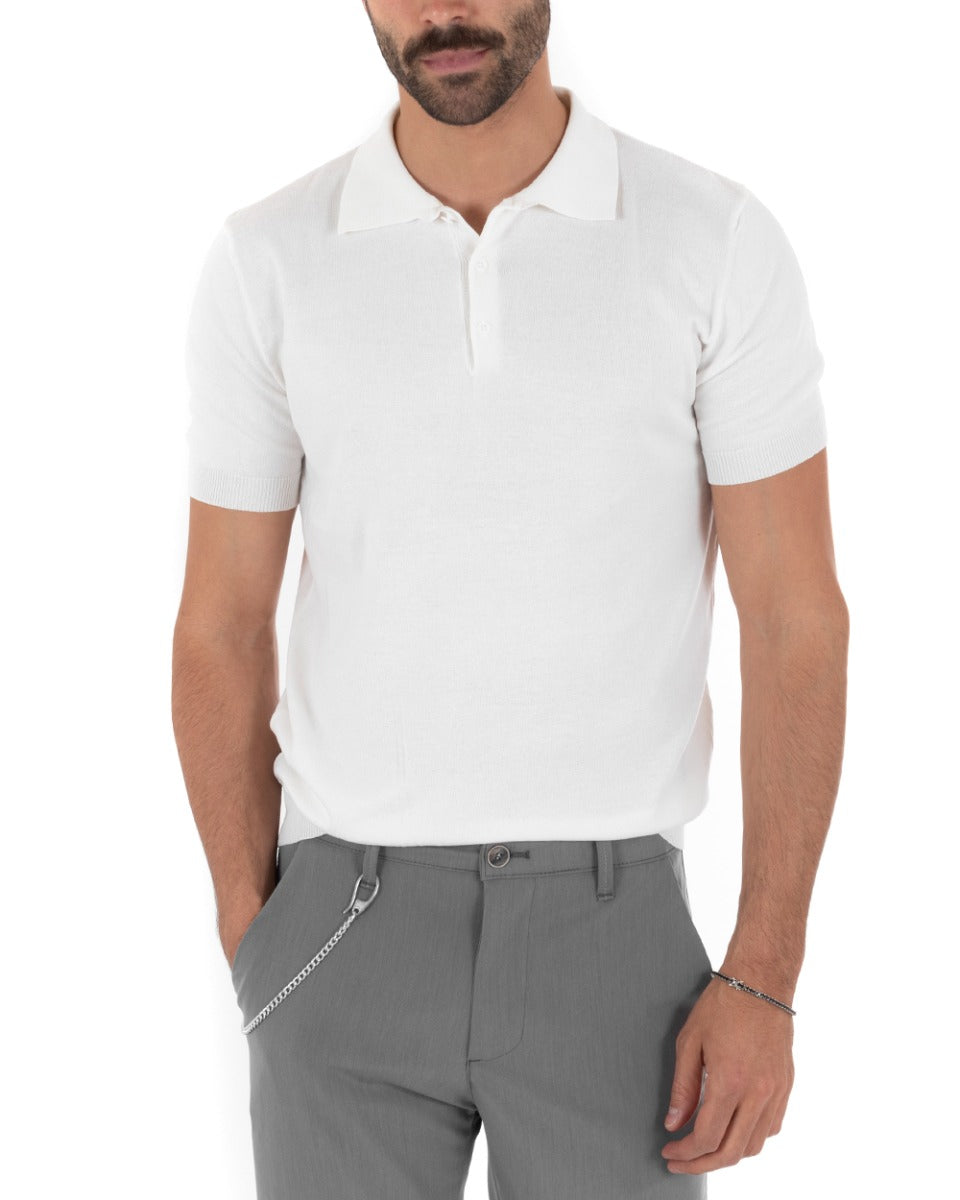 Polo Uomo Filo T-Shirt Con Colletto Bottoni Casual Maglia Sottogiacca Tinta Unita Bianco GIOSAL-TS2630A