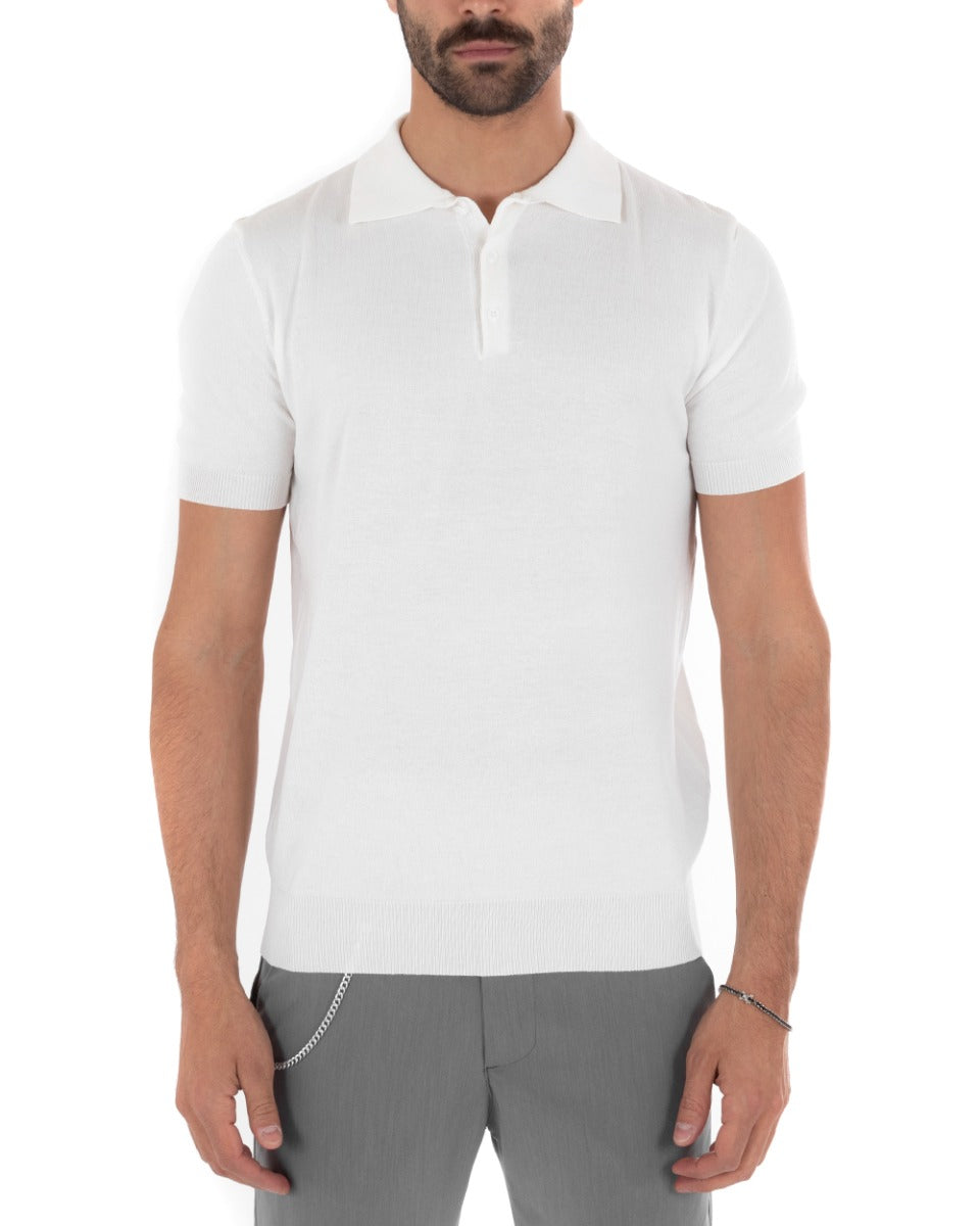 Polo Uomo Filo T-Shirt Con Colletto Bottoni Casual Maglia Sottogiacca Tinta Unita Bianco GIOSAL-TS2630A