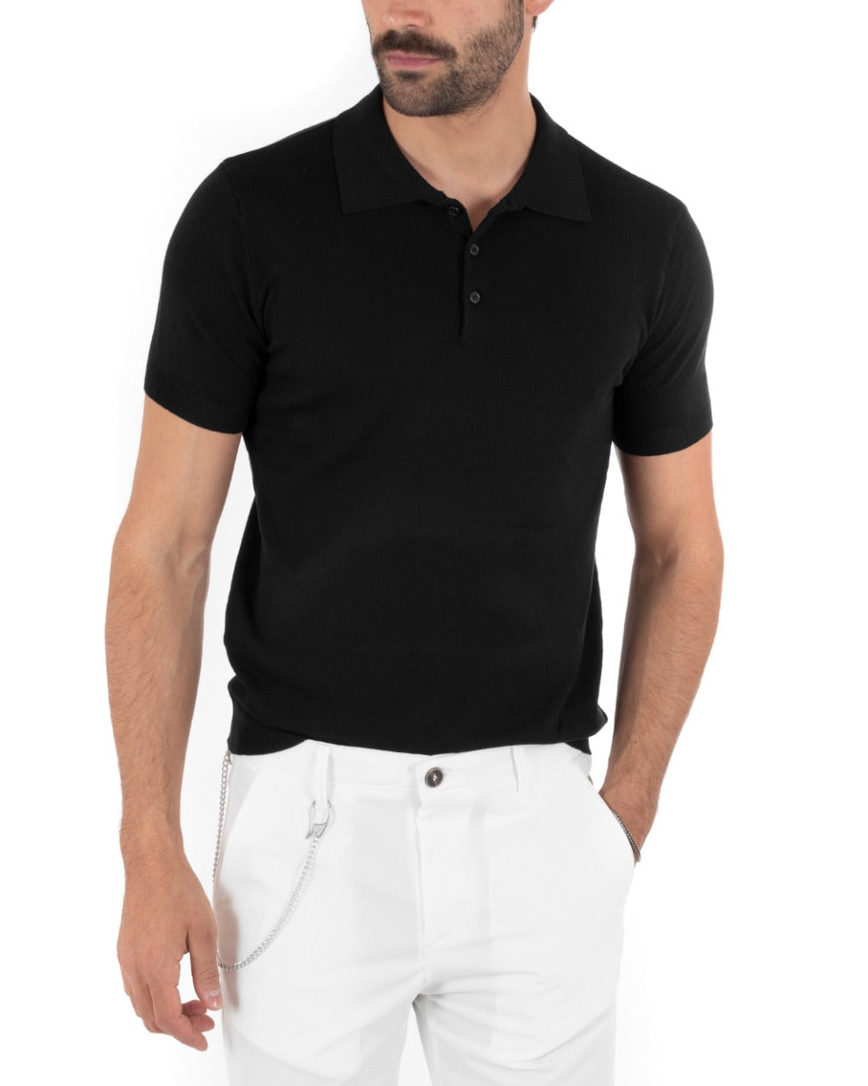 Polo Filo Uomo T-Shirt Manica Corta Con Colletto Bottoni Tinta Unita Nero Casual GIOSAL-TS2632A