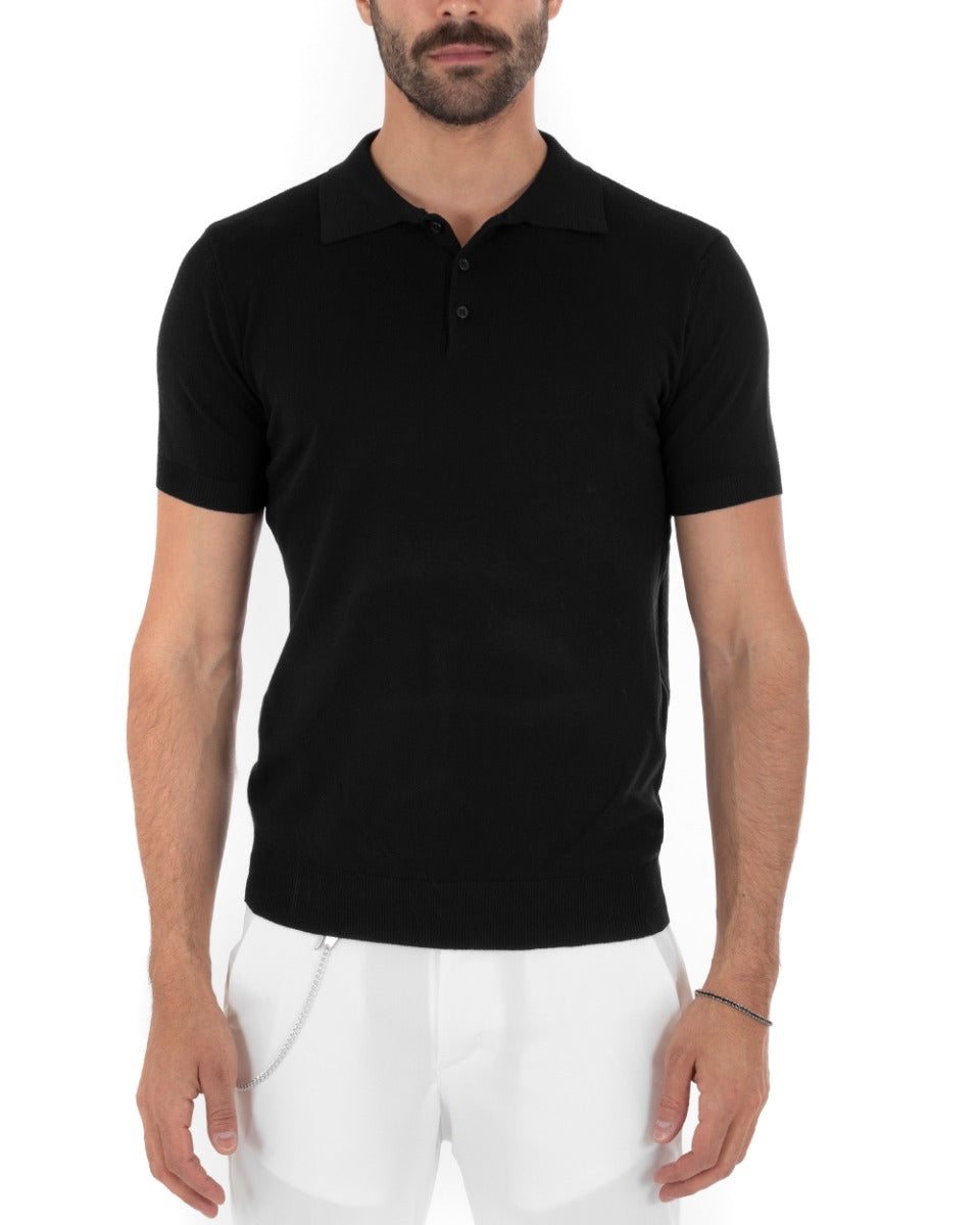 Polo Uomo Filo T-Shirt Con Colletto Bottoni Casual Maglia Sottogiacca Tinta Unita Nero GIOSAL-TS2632A