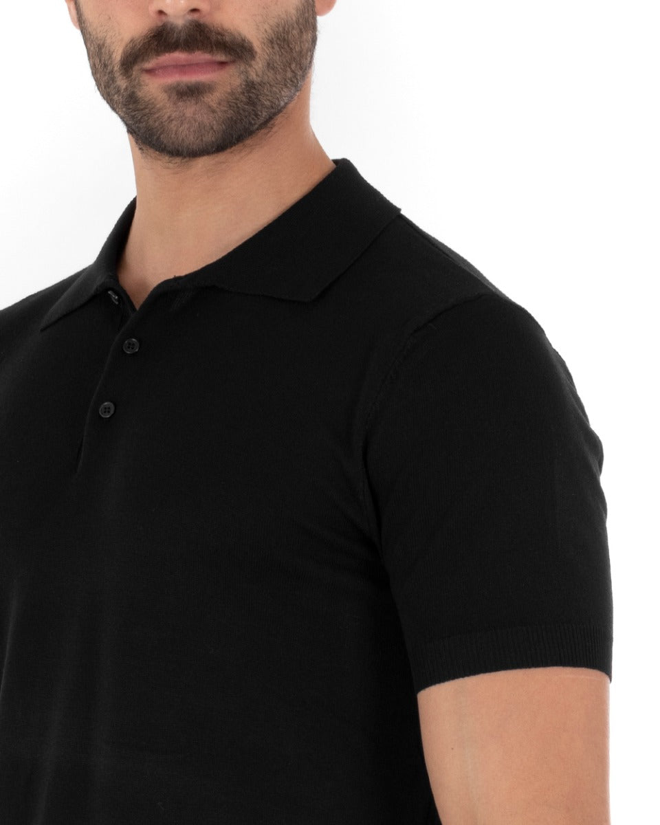 Polo Filo Uomo T-Shirt Manica Corta Con Colletto Bottoni Tinta Unita Nero Casual GIOSAL-TS2632A