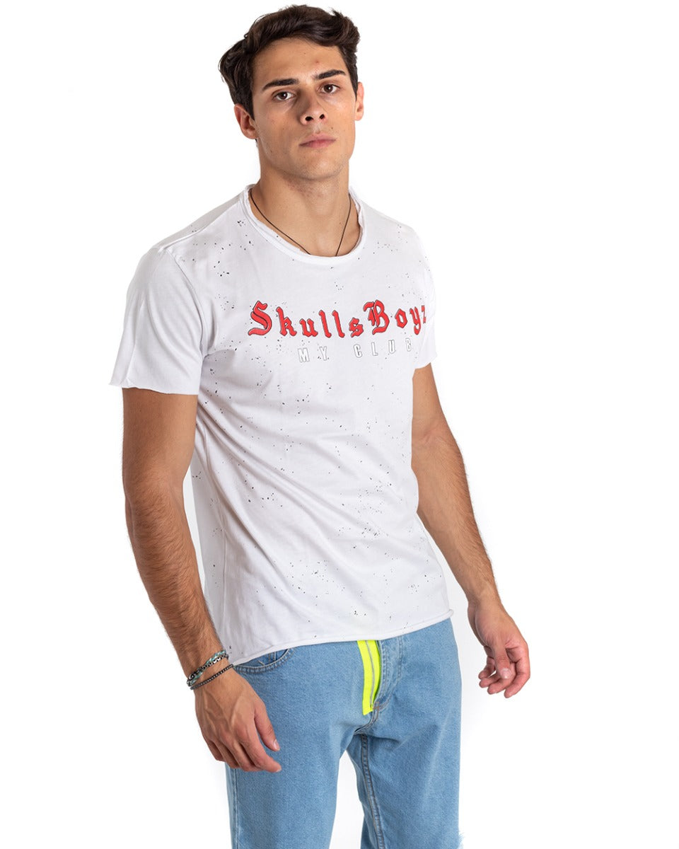 T-Shirt Uomo Bianca Macchie Pittura Stampa Scritta Teschio GIOSAL-TS2664A