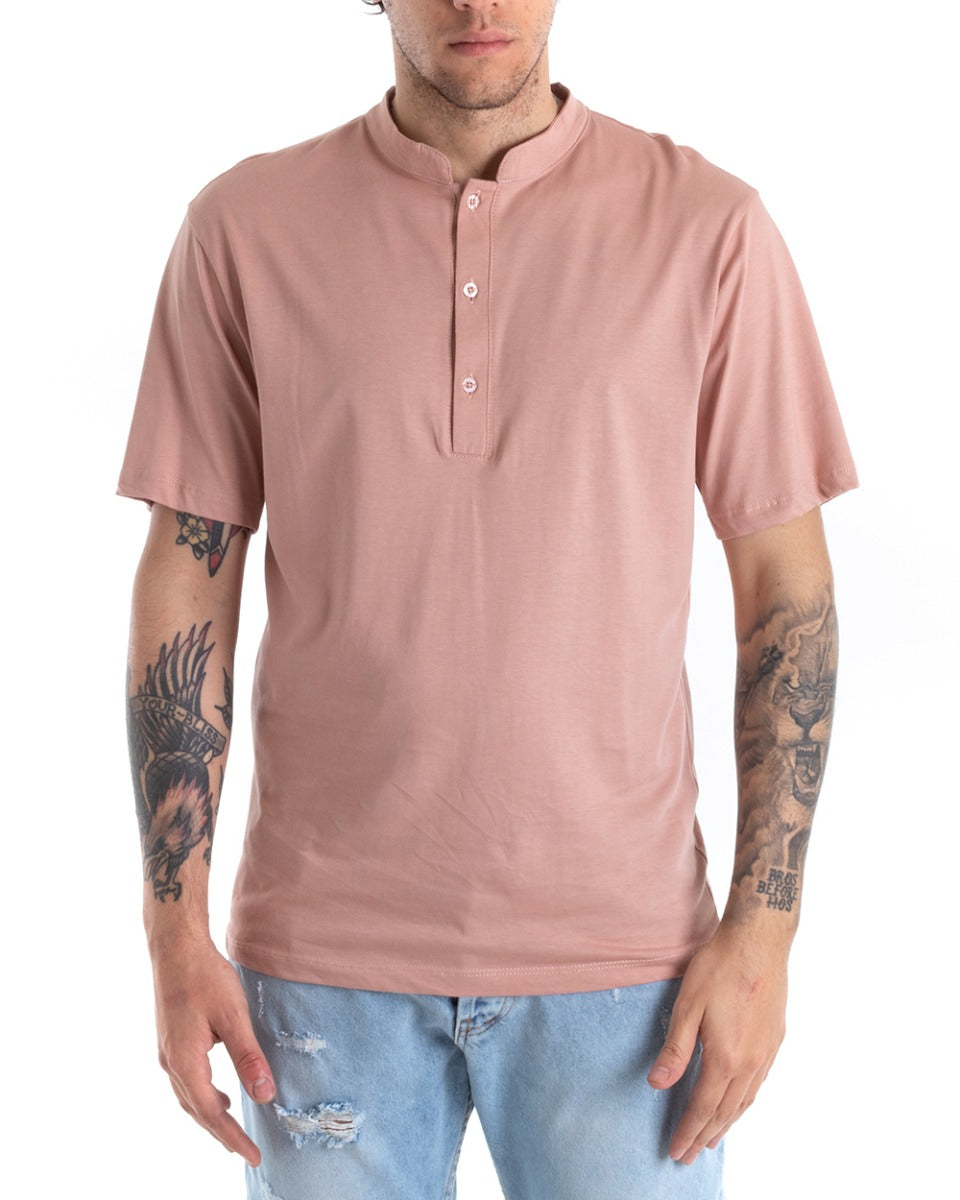 T-shirt Uomo Collo Bottoni Tinta Unita Rosa Manica Corta Basic Casual GIOSAL