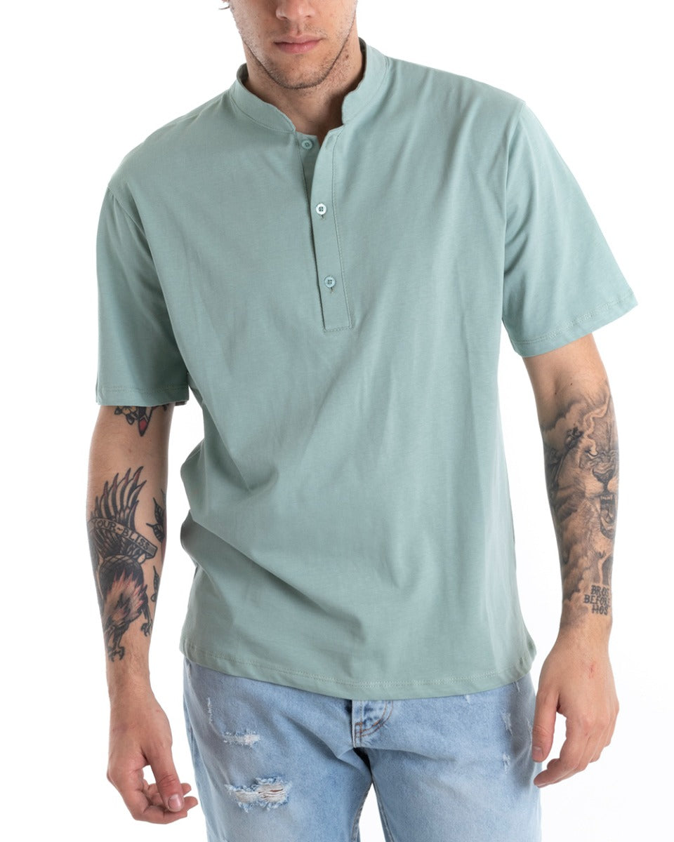 T-shirt Uomo Collo Bottoni Tinta Unita Verde Acqua Manica Corta Basic Casual GIOSAL-TS2695A