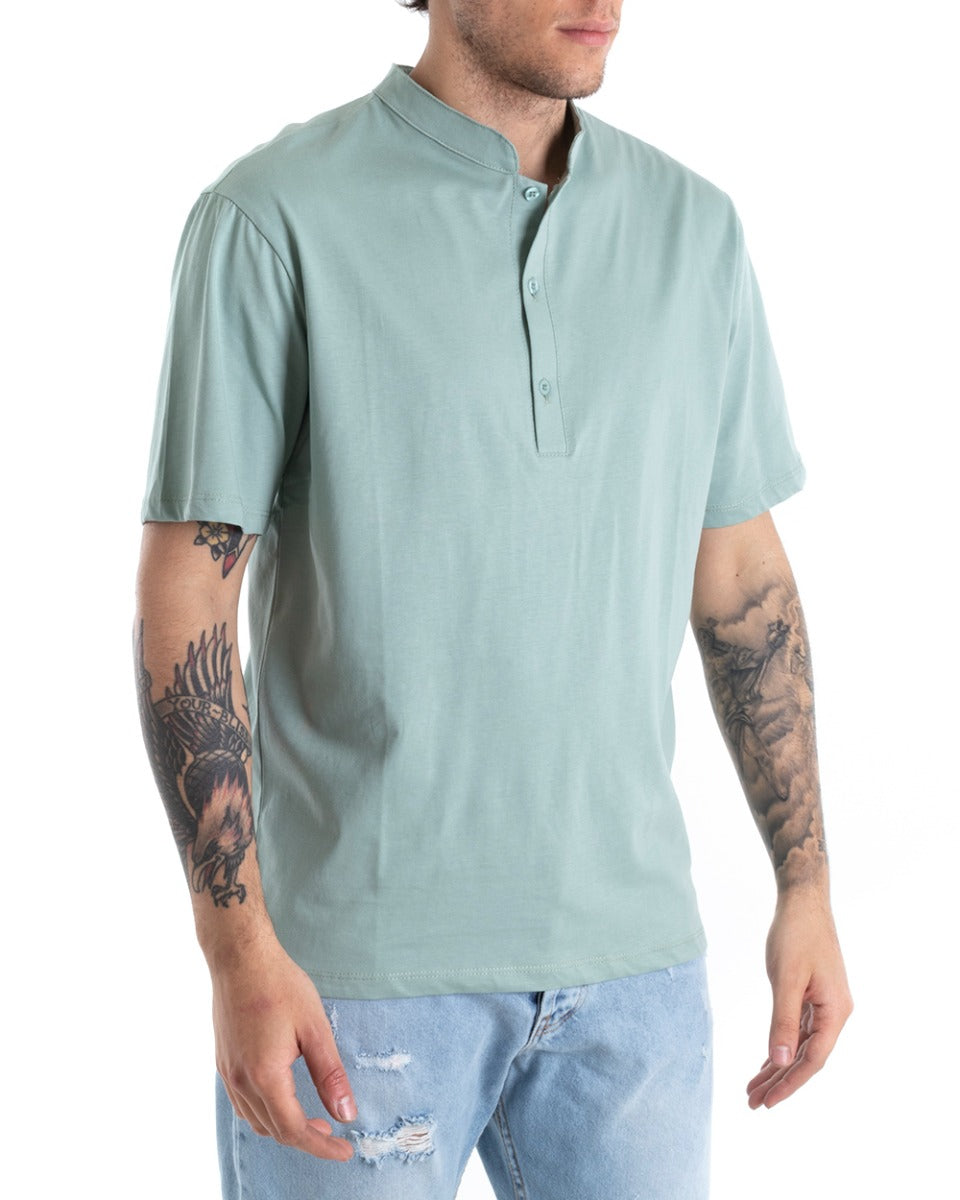 T-shirt Uomo Collo Bottoni Tinta Unita Verde Acqua Manica Corta Basic Casual GIOSAL-TS2695A