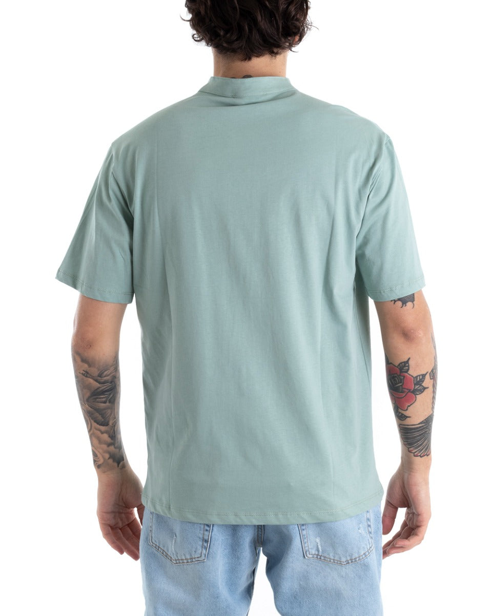 T-shirt Uomo Collo Bottoni Tinta Unita Verde Acqua Manica Corta Basic Casual GIOSAL-TS2695A