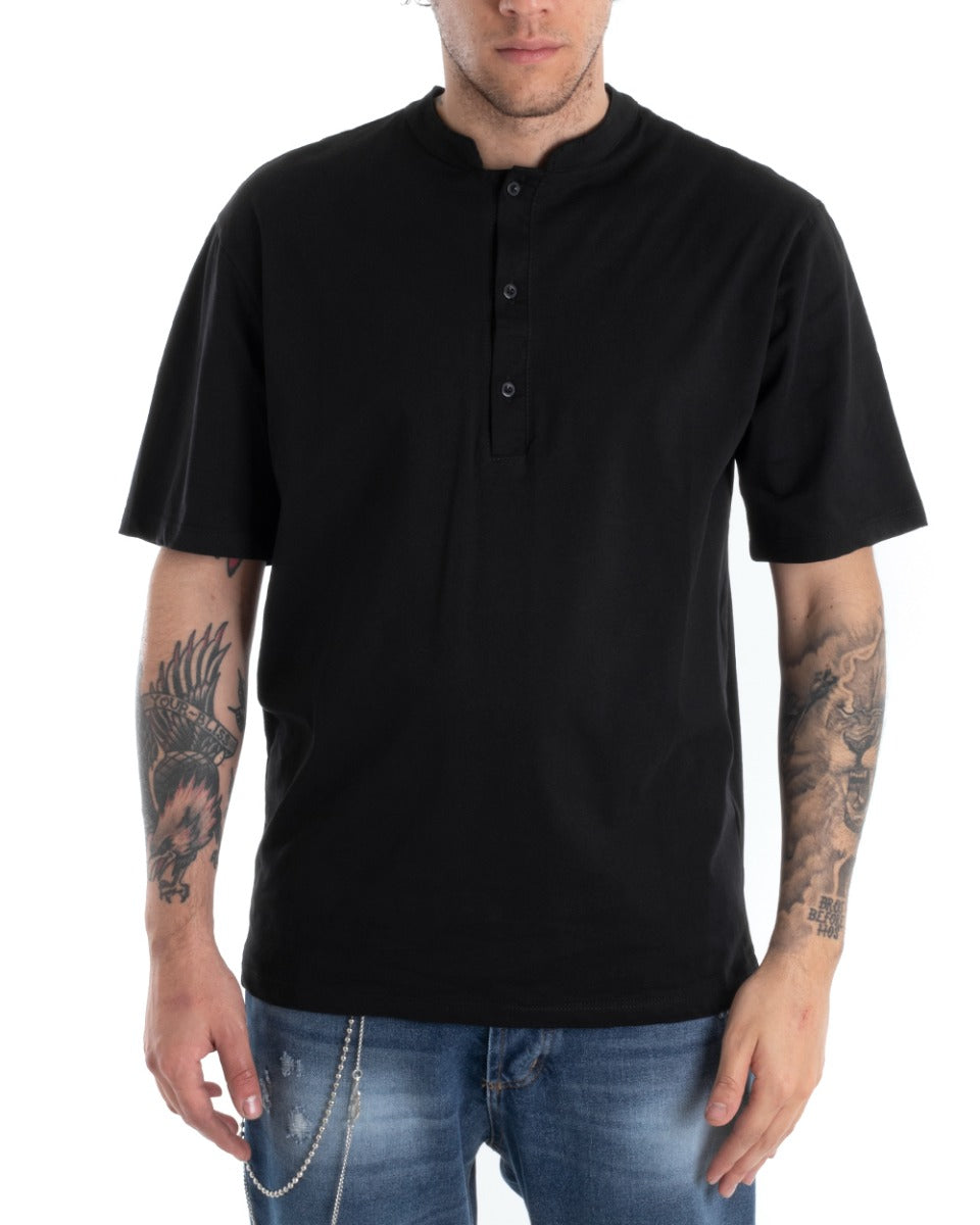 T-shirt Uomo Collo Bottoni Tinta Unita Nera Manica Corta Basic Casual GIOSAL-TS2696A