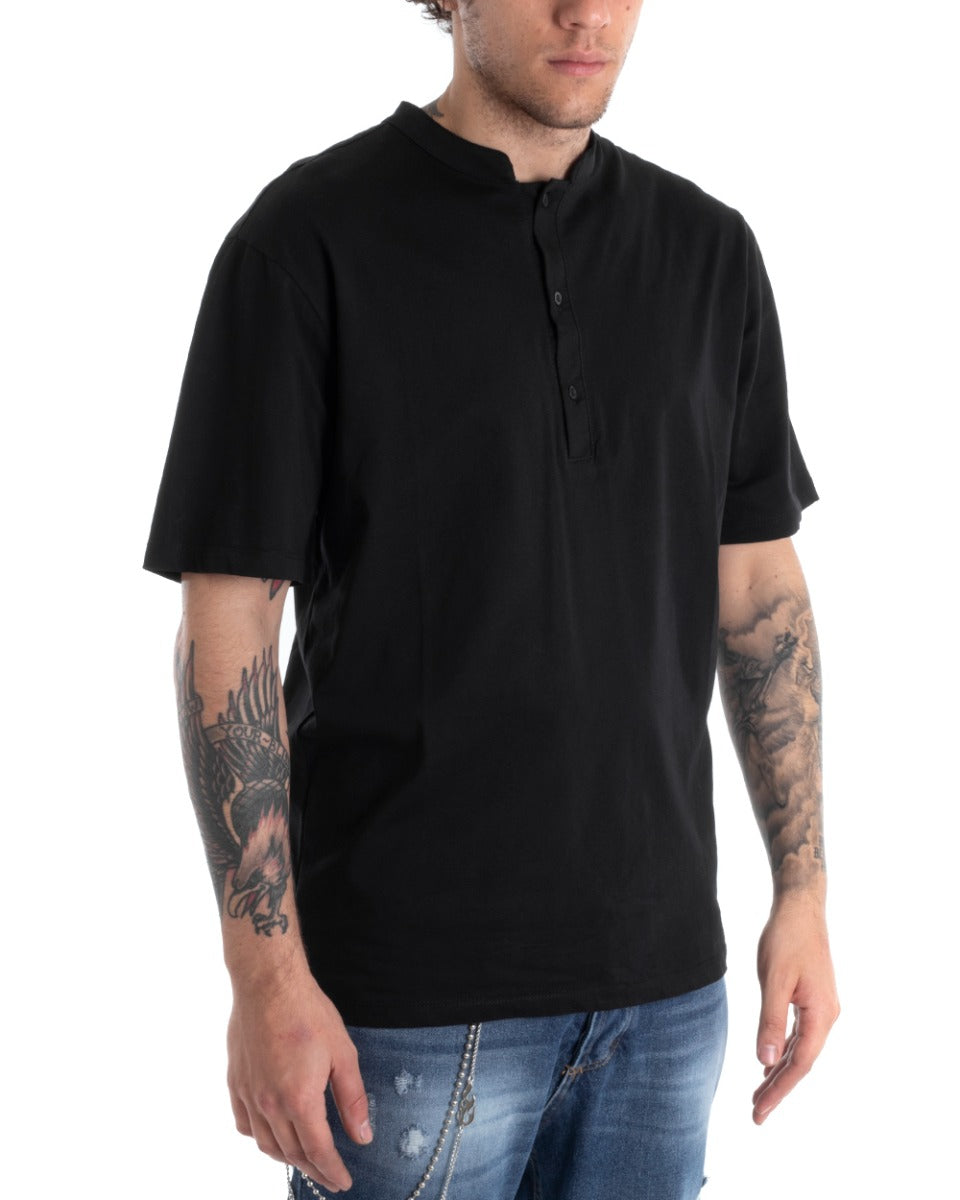T-shirt Uomo Collo Bottoni Tinta Unita Nera Manica Corta Basic Casual GIOSAL-TS2696A