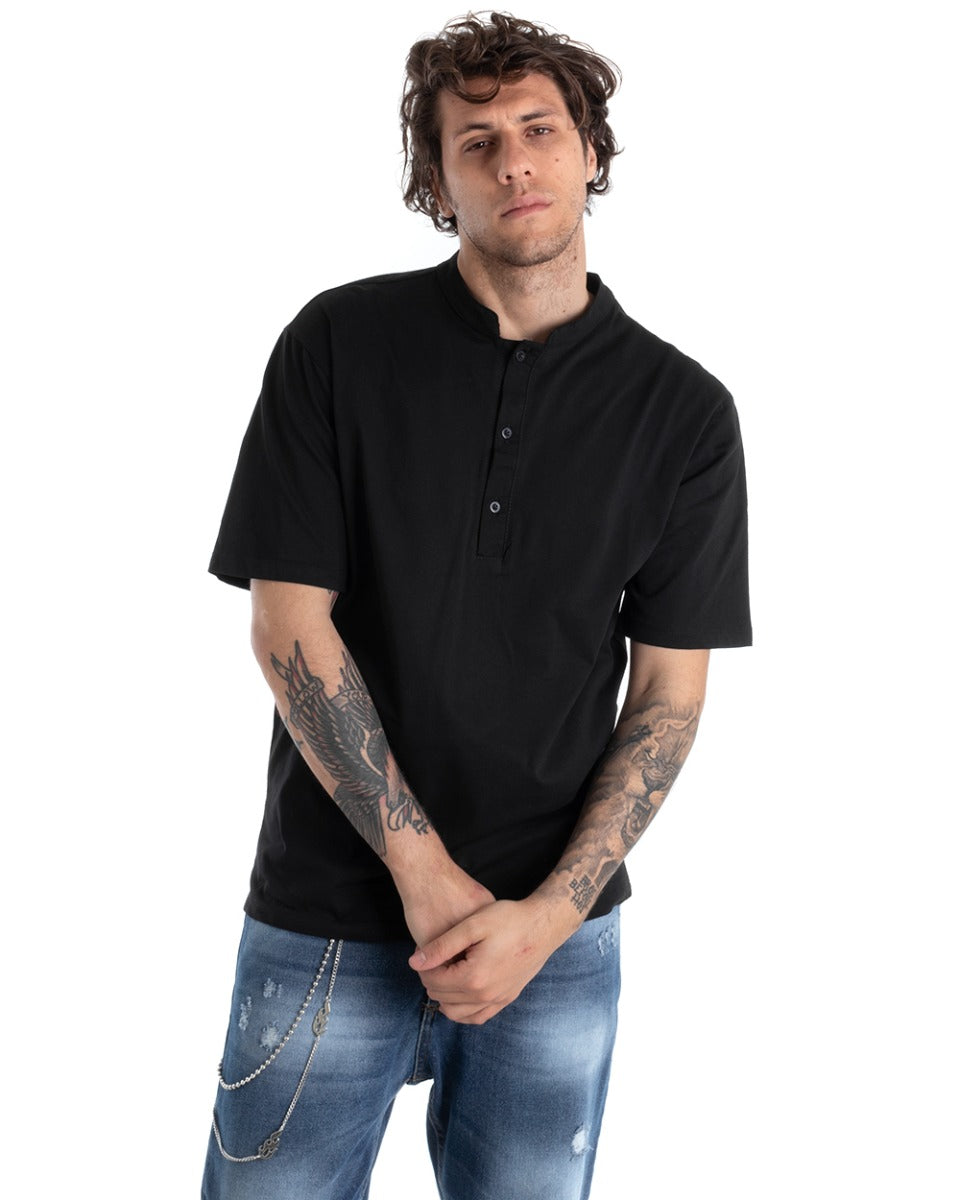 T-shirt Uomo Collo Bottoni Tinta Unita Nera Manica Corta Basic Casual GIOSAL-TS2696A