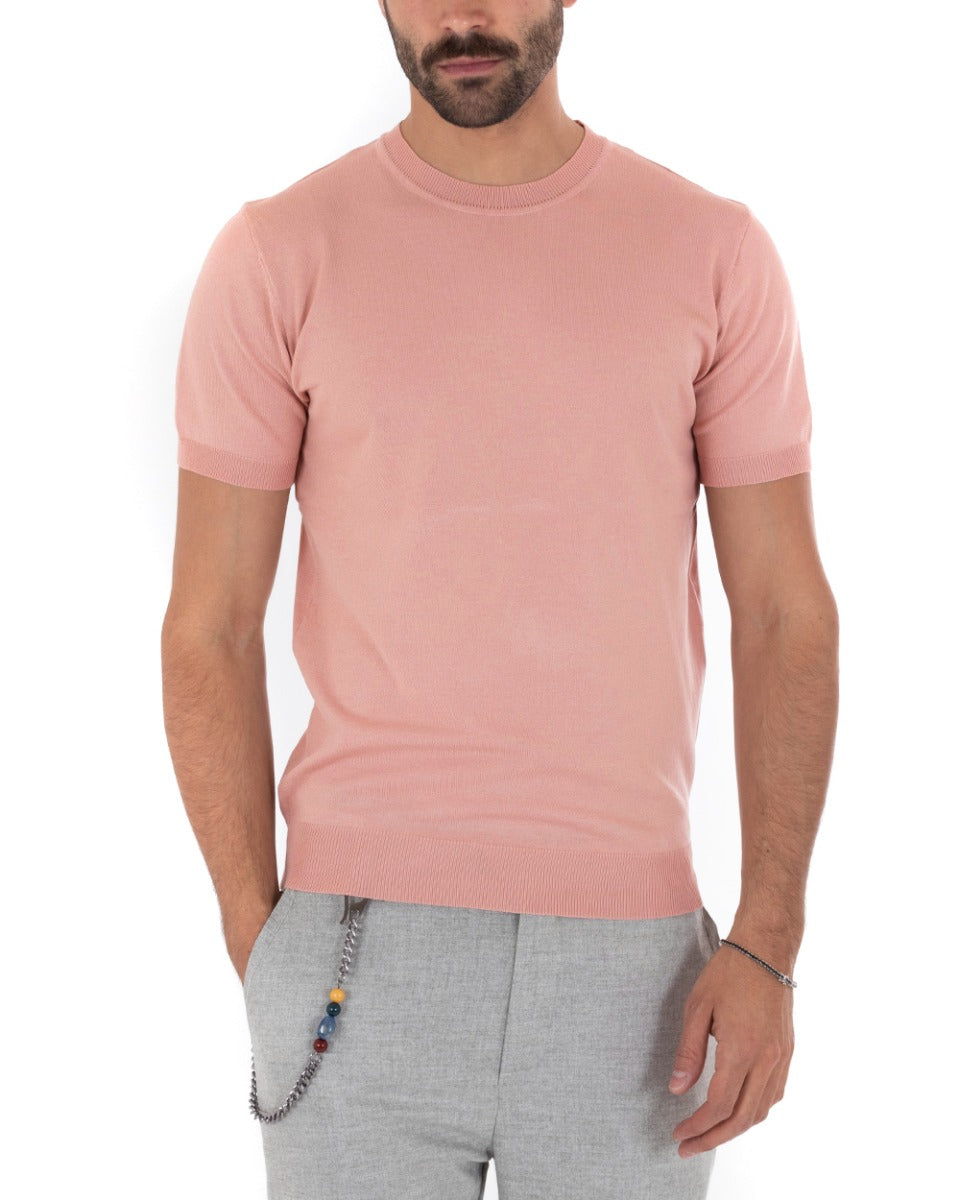 T-Shirt Uomo Manica Corta Tinta Unita Rosa Girocollo Filo Casual GIOSAL-TS2710A