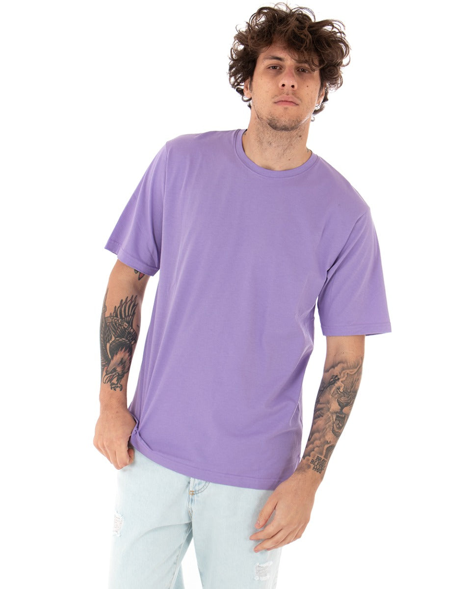 T-Shirt Uomo Lilla Maglia Manica Corta Girocollo Tinta Unita Spacchi Laterali Casual GIOSAL