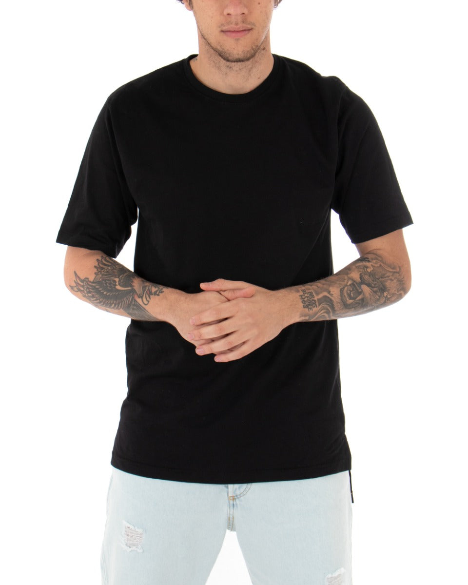 T-Shirt Uomo Nera Maglia Manica Corta Girocollo Tinta Unita Spacchi Laterali Casual GIOSAL