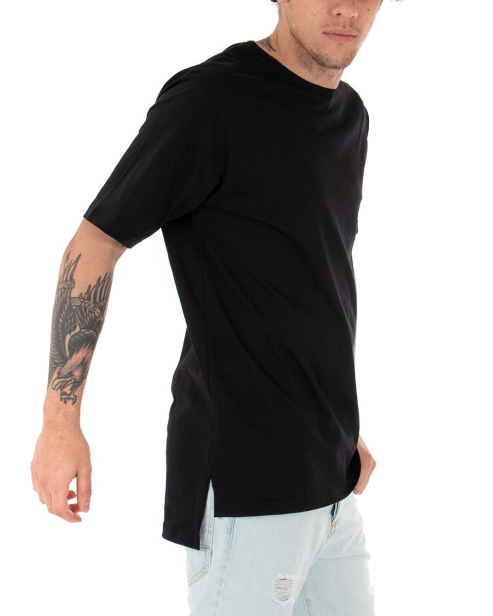 T-Shirt Uomo Nera Maglia Manica Corta Girocollo Tinta Unita Spacchi Laterali Casual GIOSAL