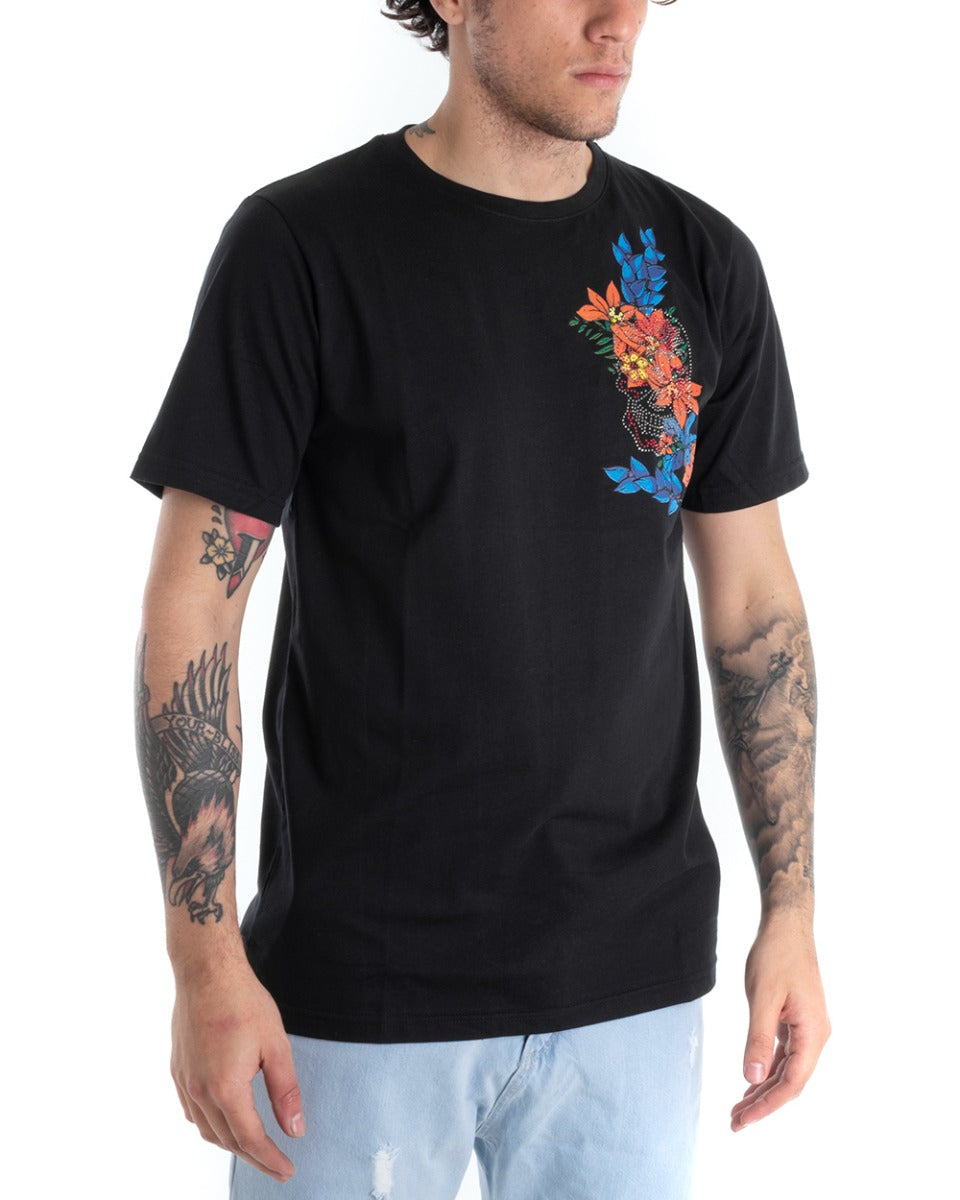 T-shirt Uomo Manica Corta Tinta Unita Nera Ricamo Fiori Girocollo GIOSAL