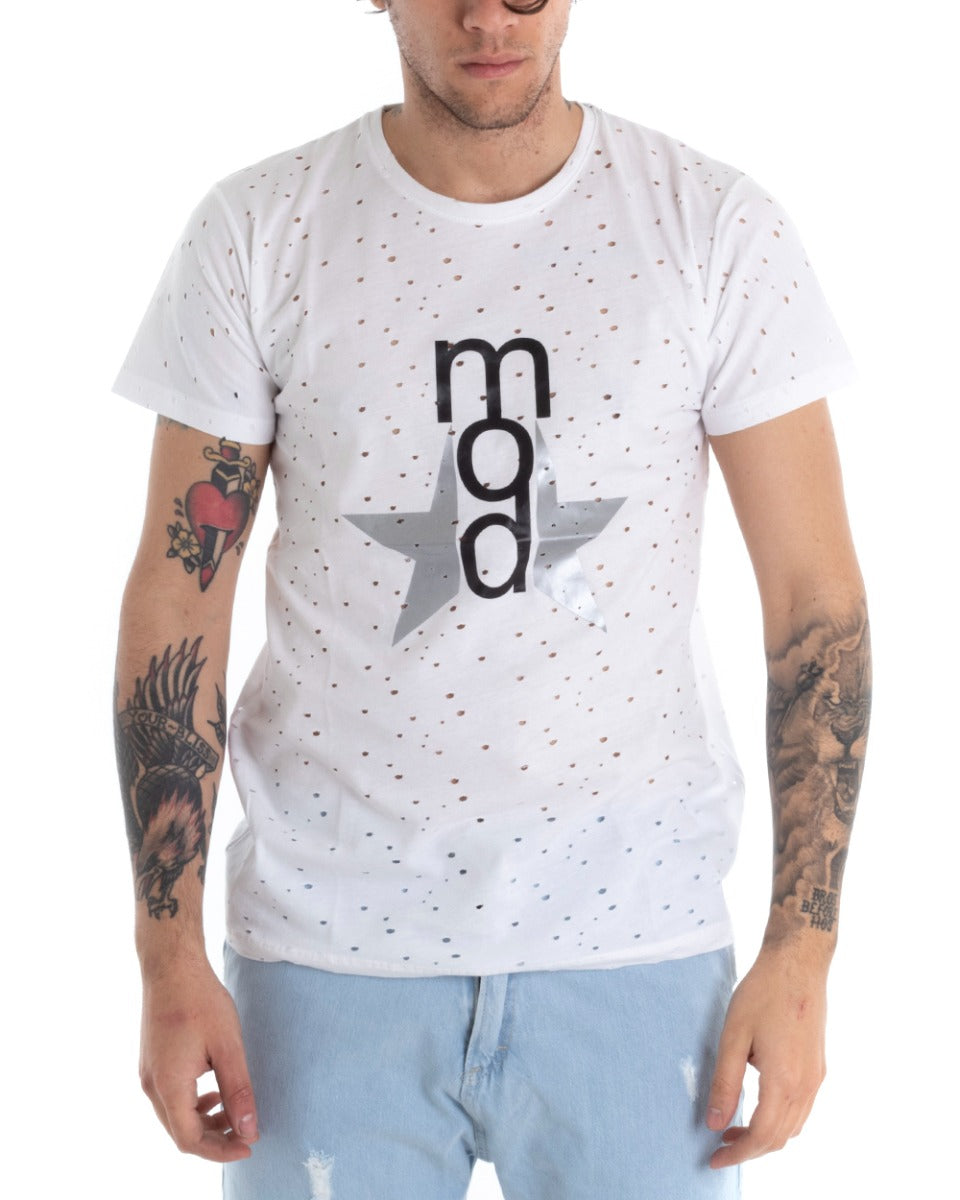 T-shirt Uomo Manica Corta Stampa Girocollo Traforata Tinta Unita Bianca GIOSAL-TS2754A