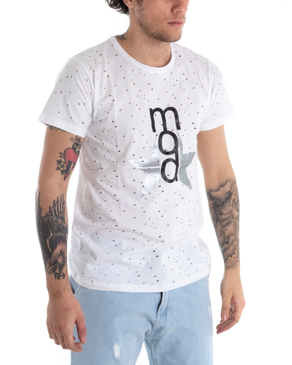 T-shirt Uomo Manica Corta Stampa Girocollo Traforata Tinta Unita Bianca GIOSAL-TS2754A