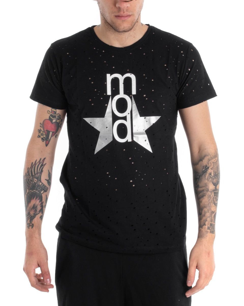 T-shirt Uomo Manica Corta Stampa Girocollo Traforata Tinta Unita Nera GIOSAL-TS2755A